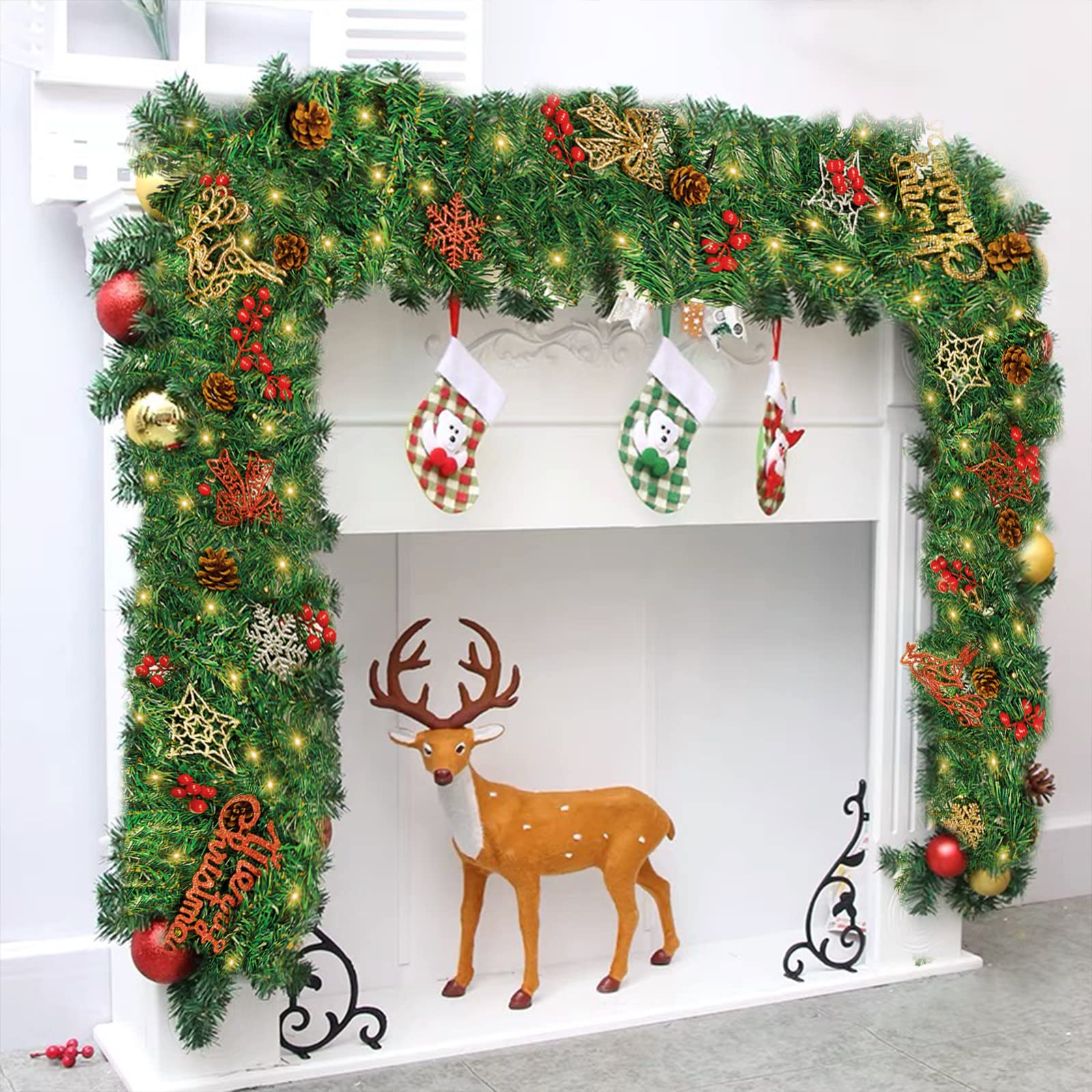 Ghirlanda Natalizia con Luci,2.7M LED Ghirlanda Natalizia per Porta Scale Camino Albero Di Natale Esterno Decorazioni,Festone Natalizio Rami Natalizi Decorazioni Natalizie per la Casa Interno