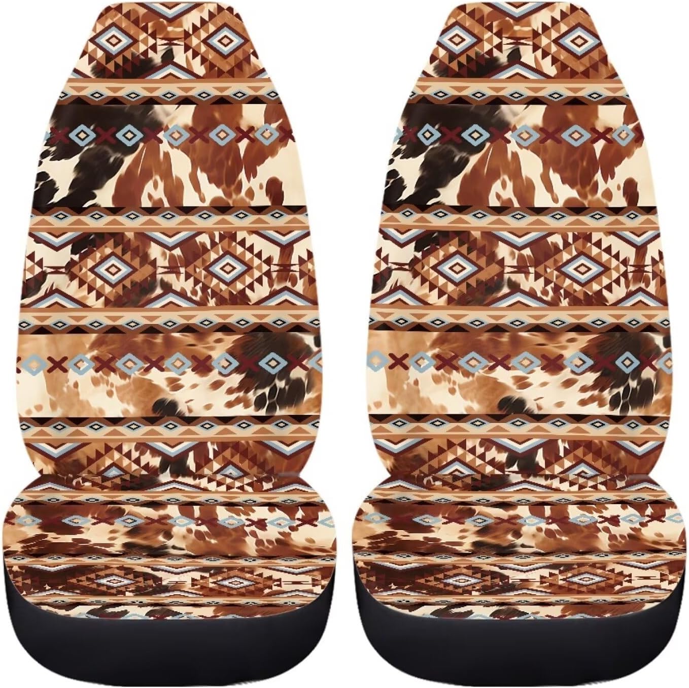 Aztec Tribal Car Seat Cover, Cow Print Stretchy Car Seat Protector Cover for Women, Comfortable 2 Piece Car Seat Covers Native Universal Fit for Most Vehicle Cars, Brown