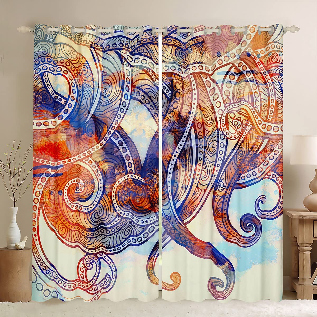 Octopus Tentacles Window Curtains for Bedroom Living Room Boho Mandala Curtains for Kids Boys Girls Bohemian Sea Marine Window Drapes Octopus Window Treatments W52*L90 — image 1