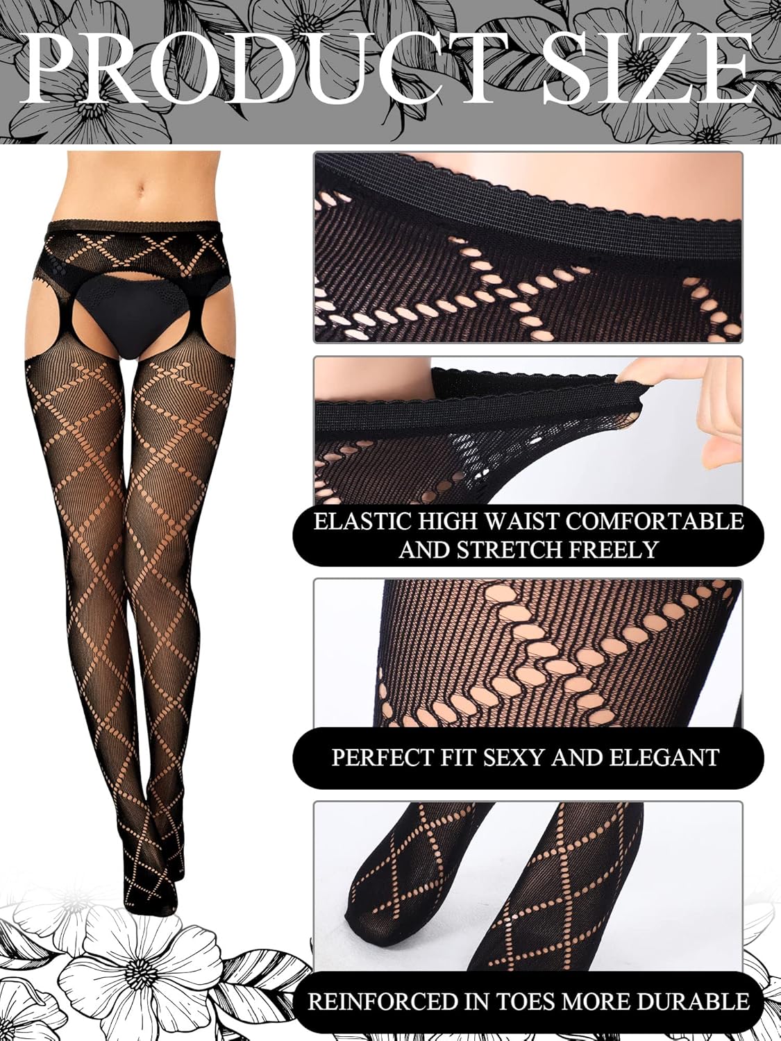 Skylety 6 Pairs Fishnet Stockings for Women Plus Size Thigh-high Tights Stockings Suspender Pantyhose Garter Belts - Image 3
