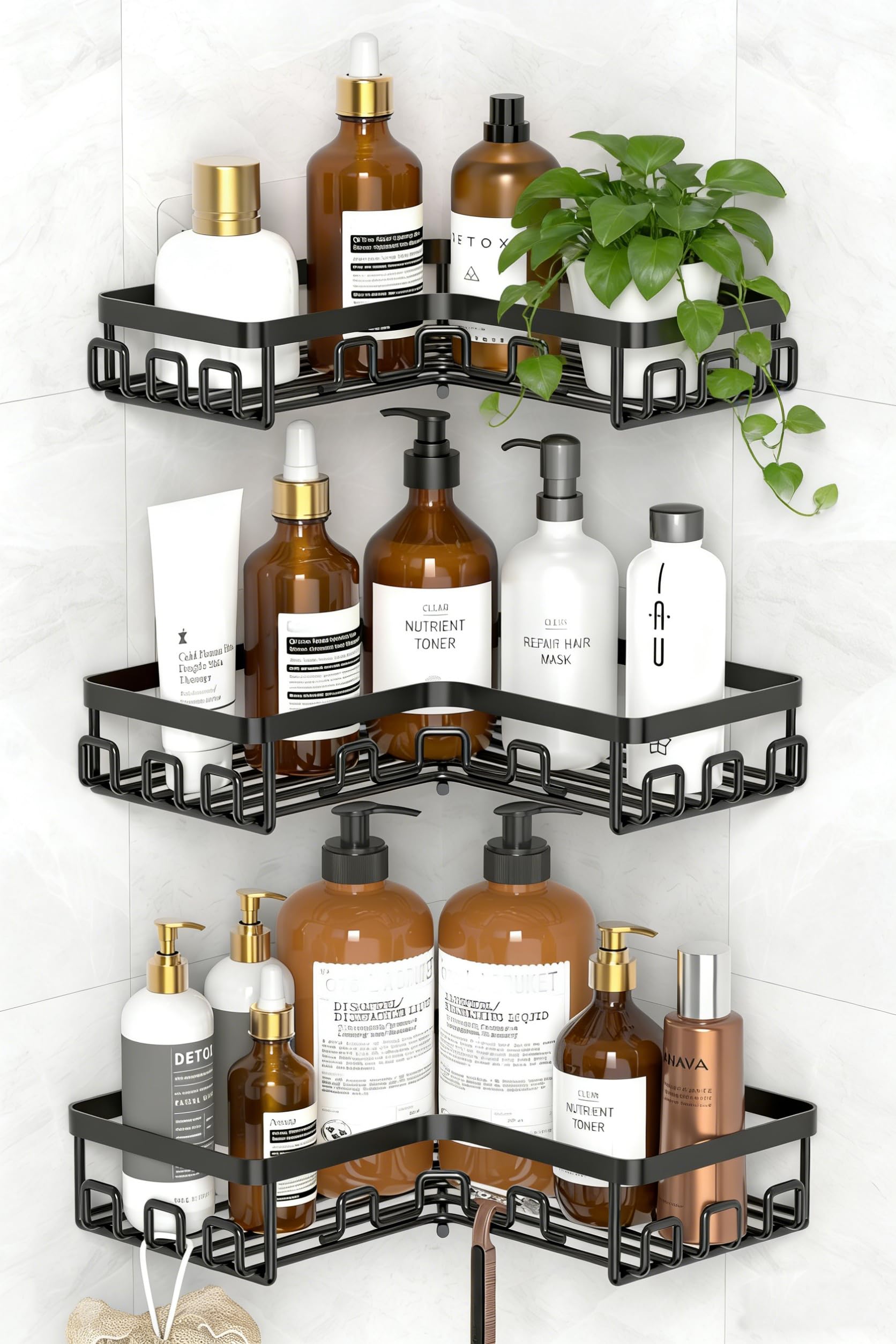 Kegii 3-Piece Corner Shower Caddy - Black Corner Shower Shelf Self Adhesive Bathroom Shelf Stainless Steel Bathroom Shampoo Holders