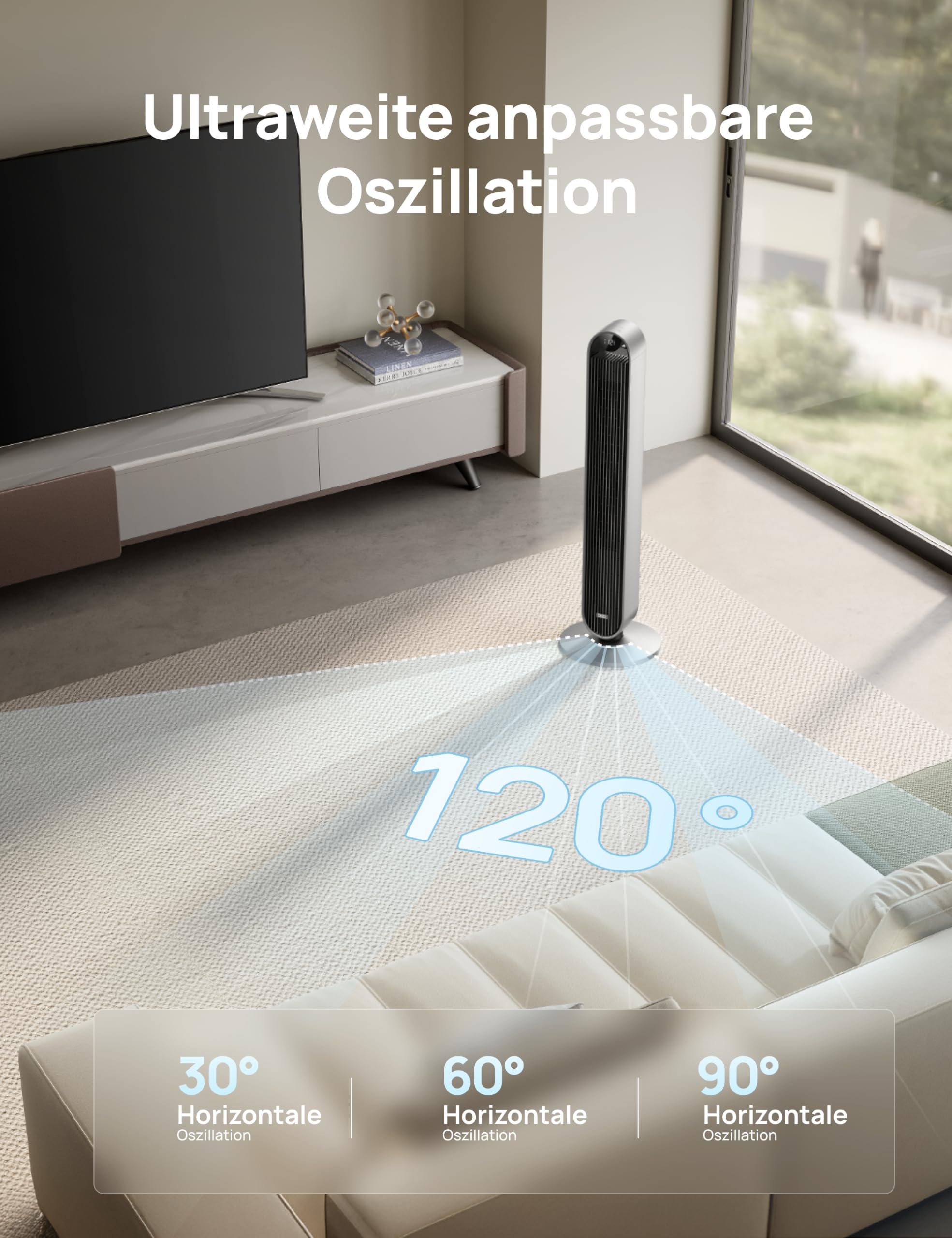 DREO Smart Turmventilator Sehr Leise, 120° Oszillierender Ventilator mit Kühlung, 25dB Standventilator mit Fernbedienung für Schlafzimmer, 12 Geschwindigkeiten, 4 Modi, 12-Stund-Timer, Pilot Max S