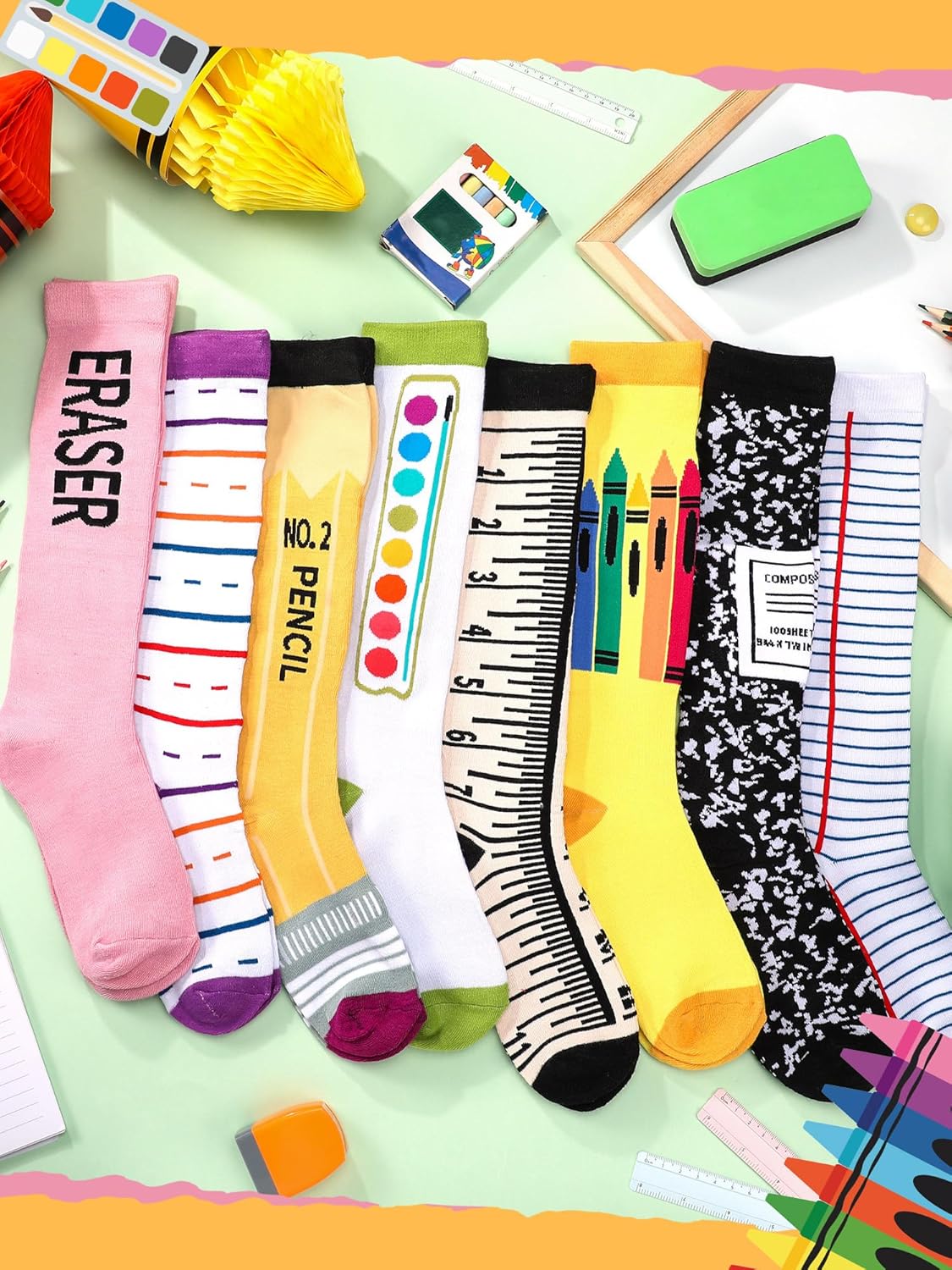 8 Pairs Colorful Crayon Knee High Socks Pencil Crayon Socks for Women Girl Teacher Costume School Supply - Image 6