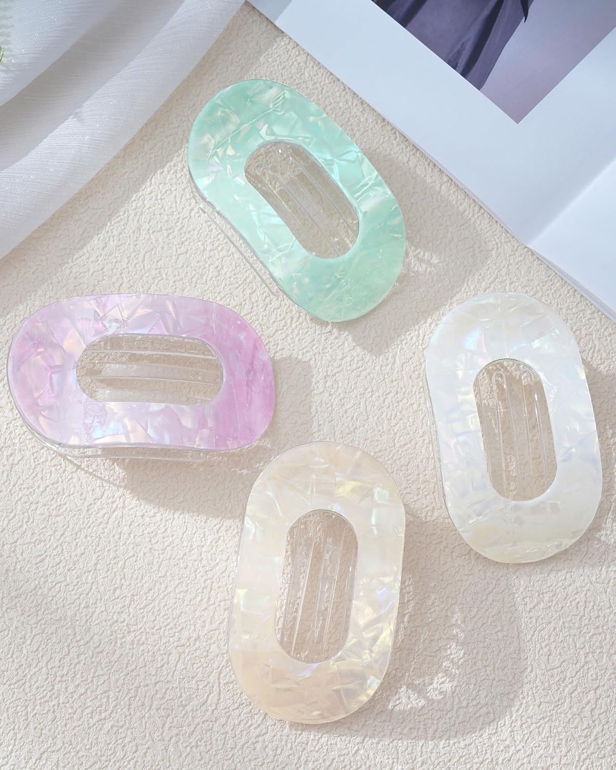 Mesovor 4 Pack French Flat Hair Clips for Women, 3.74" Nonslip Stylish Round Duckbill Lay Flat Hair Claw | Side Slide Volume Flat Hairclips for Lying Down, Yoga, Driving (Mermaid Colorful) - Image 8