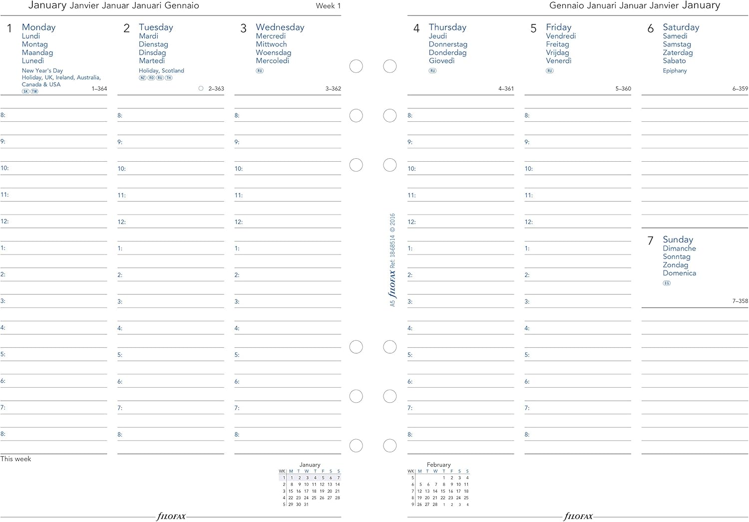 Filofax A5 Week On Two Pages 5 Language 2018 Appointment Diary