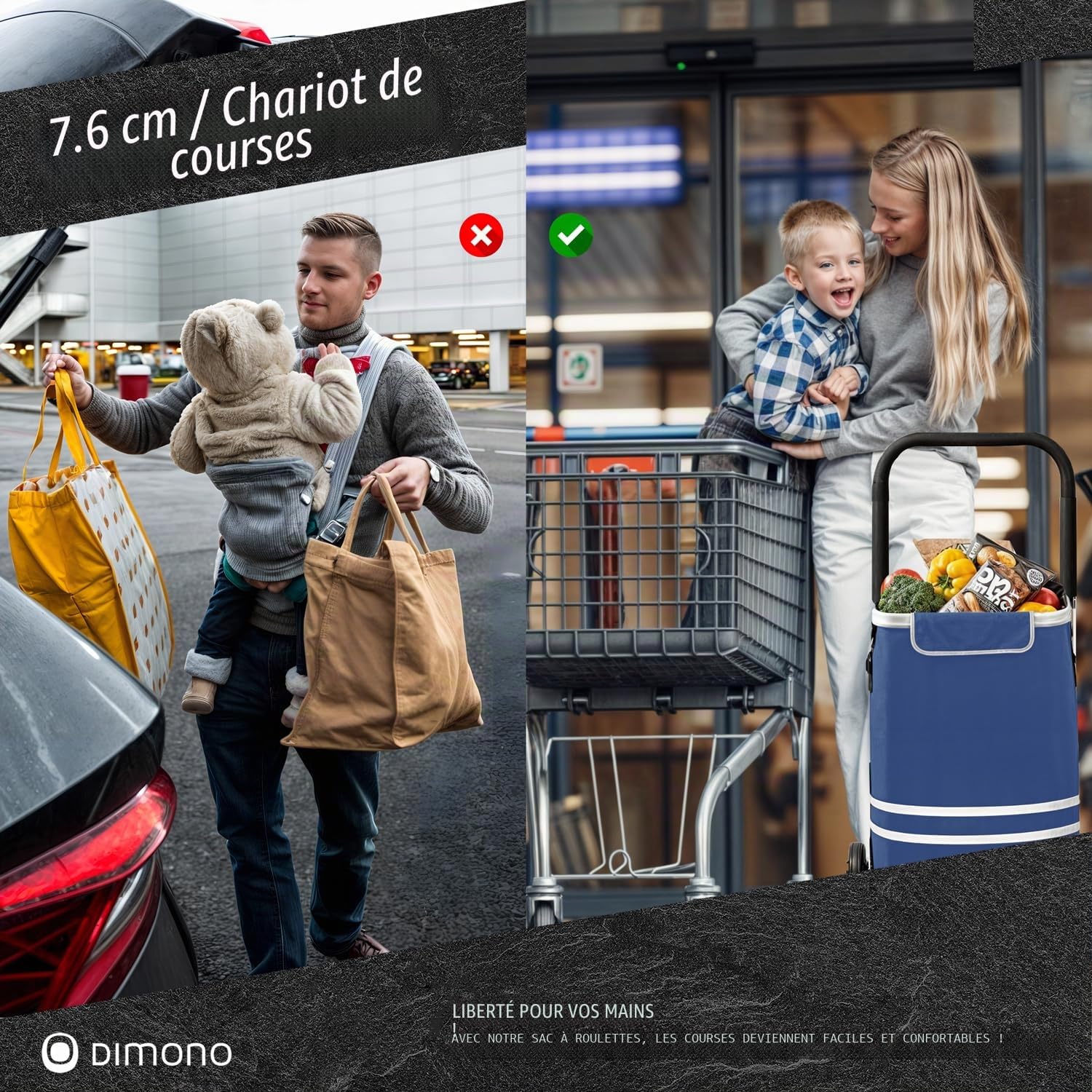 Dimono® Chariot de Courses Pliable 3-en-1 avec Compartiment Isotherme 56 L