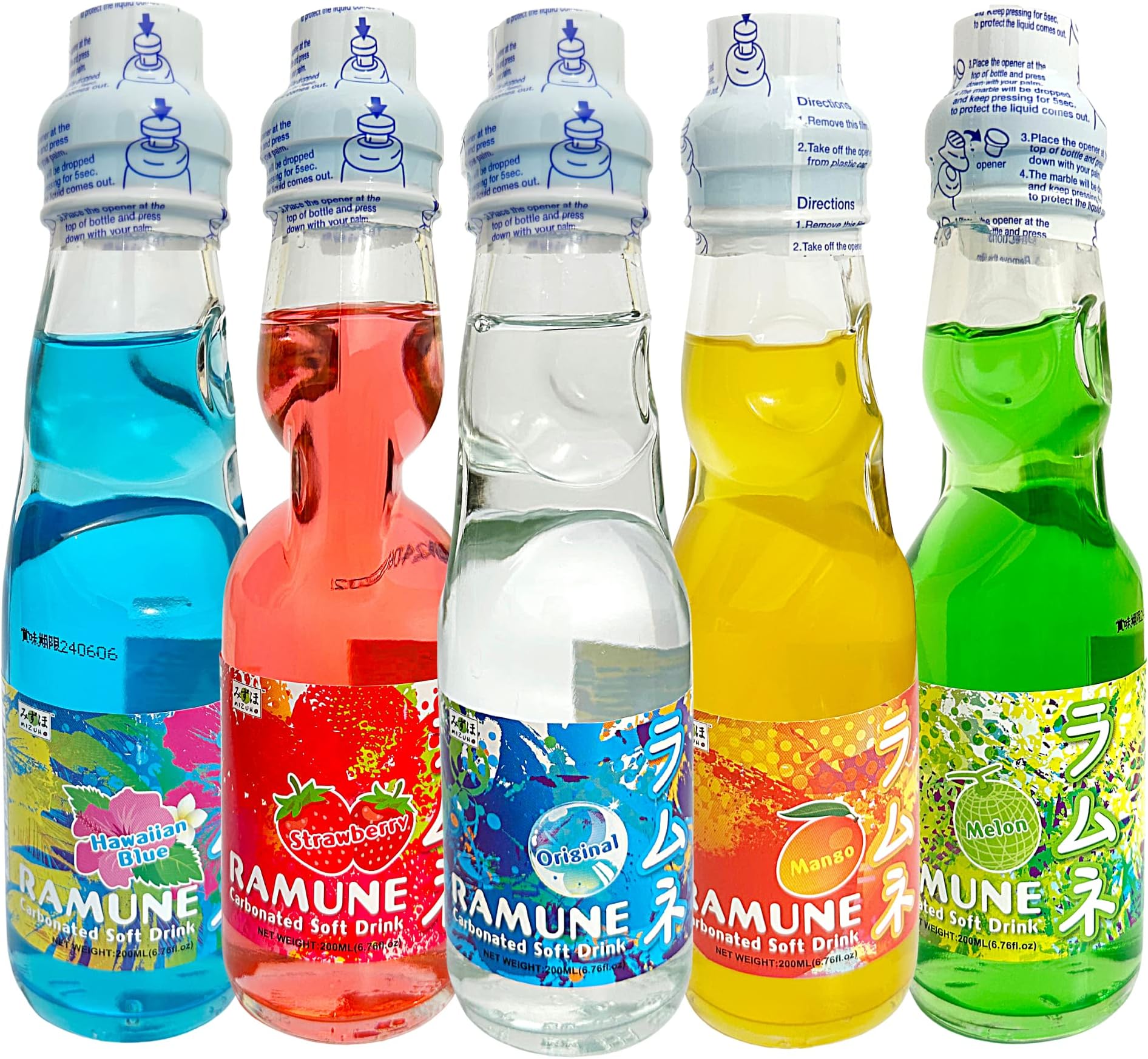 Ramune Japanese Refreshing Carbonated Soft Drink Variety Pack – Original, Strawberry, Mango, Melon, and Hawaii Blue, (6.7OZ / Pack of 5), Marble Ball inside Ramune Fizzy Bubbly Soda