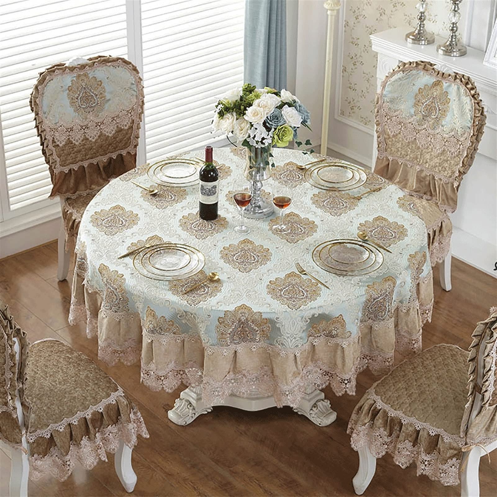 Nappe de jardin ronde en dentelle dorée avec coussin épais pour sublimer et protéger votre table