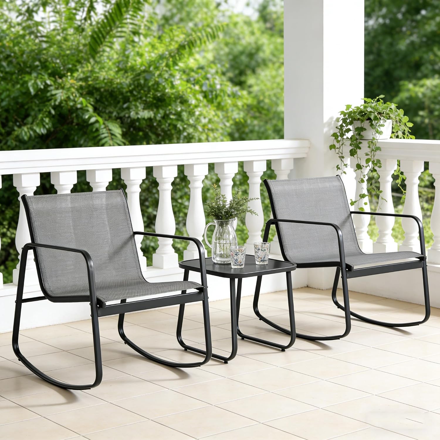 SUNCROWN 3-Piece Outdoor Rocking Bistro Set, Outdoor Furniture Set with Patio Rocking Chairs, and Glass-top Table, Small Conversation Set of 3 for Porch, Lawn, Garden, Yard, Balcony, Poolside, Grey
