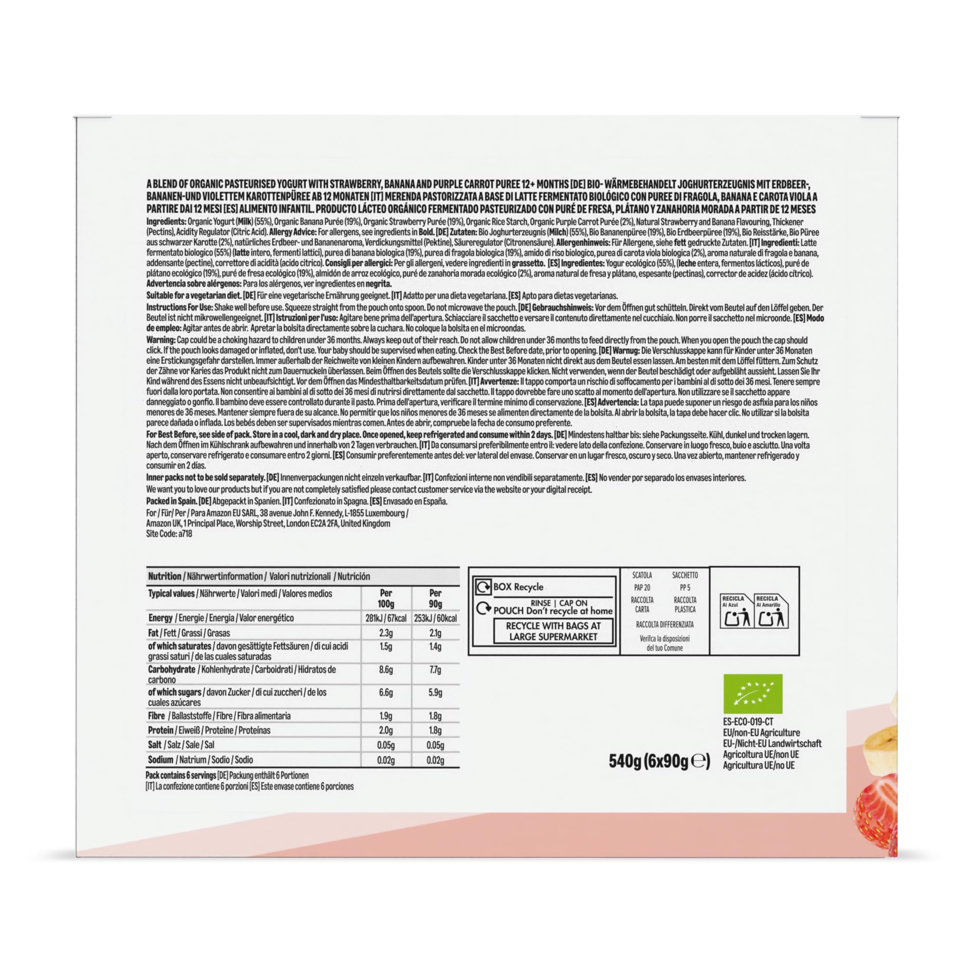 Mama Bear Yogur Ecológico con Puré de Fresa, Plátano y Zanahoria Morada, 90g, Paquete de 6