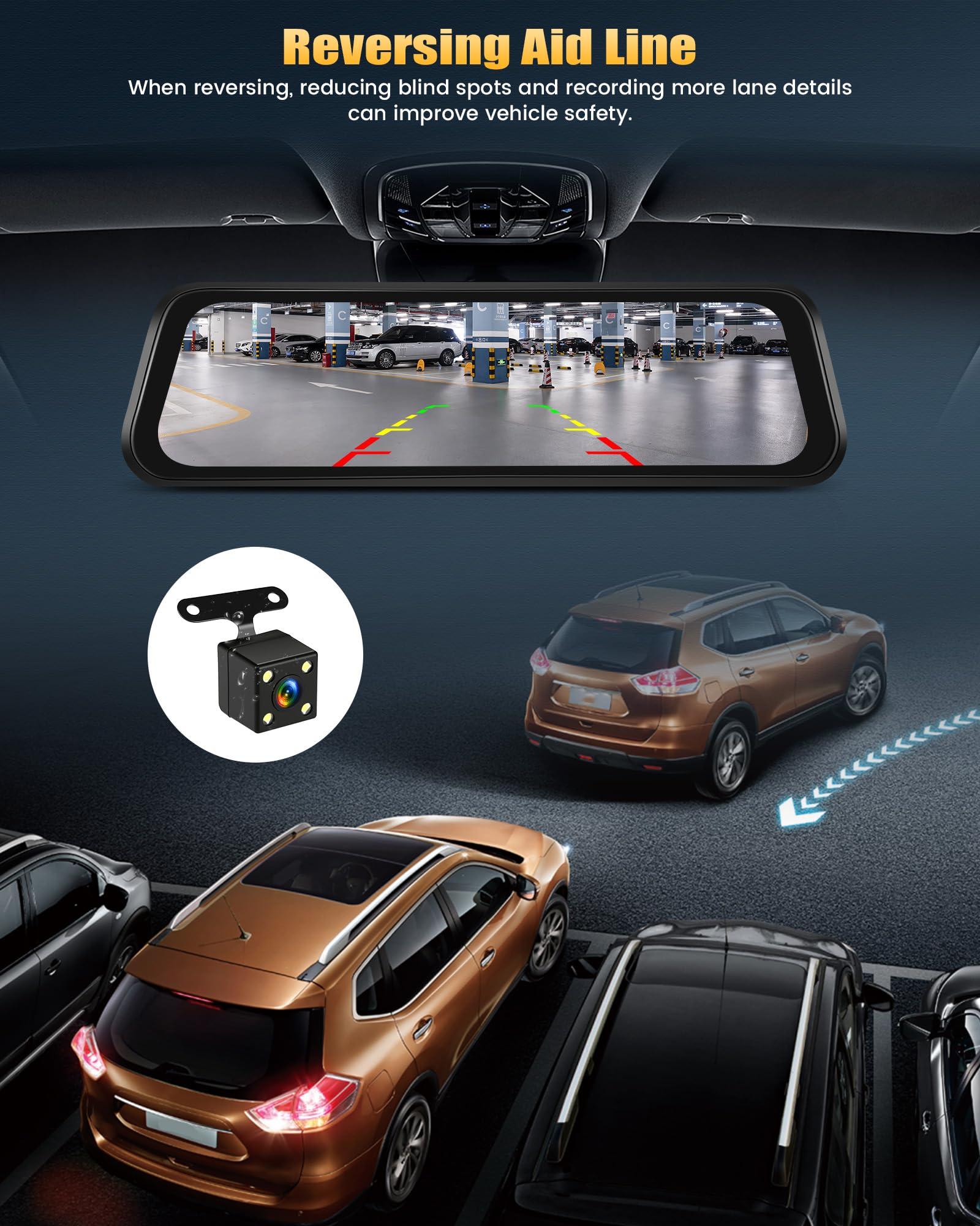 CAMECHO 9.66'' 1080P Écran Tactile Dashcam Retroviseur Voiture, Double Dash Cam Avant et arrière, Vision Nocturne Camera Embarquée Voiture avec Détection de Mouvement, Compensation d'exposition