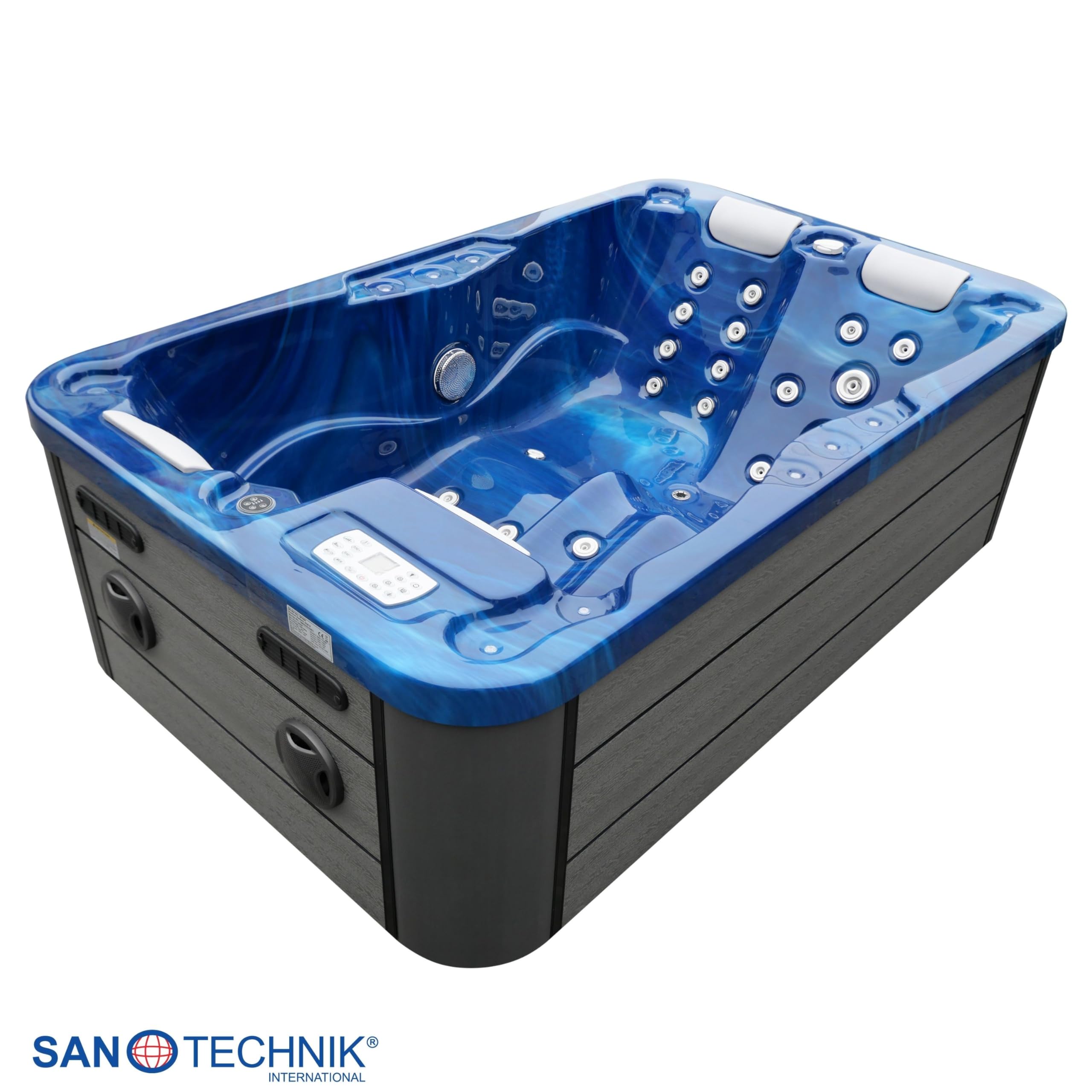 Sanotechnik Outdoor Whirlpool Modena blu – con copertura – Dimensioni 205 x 130 x 70 cm, 35 ugelli massaggianti, illuminazione a LED, radio, altoparlante, Bluetooth, SPA Whirlpool per 3 persone