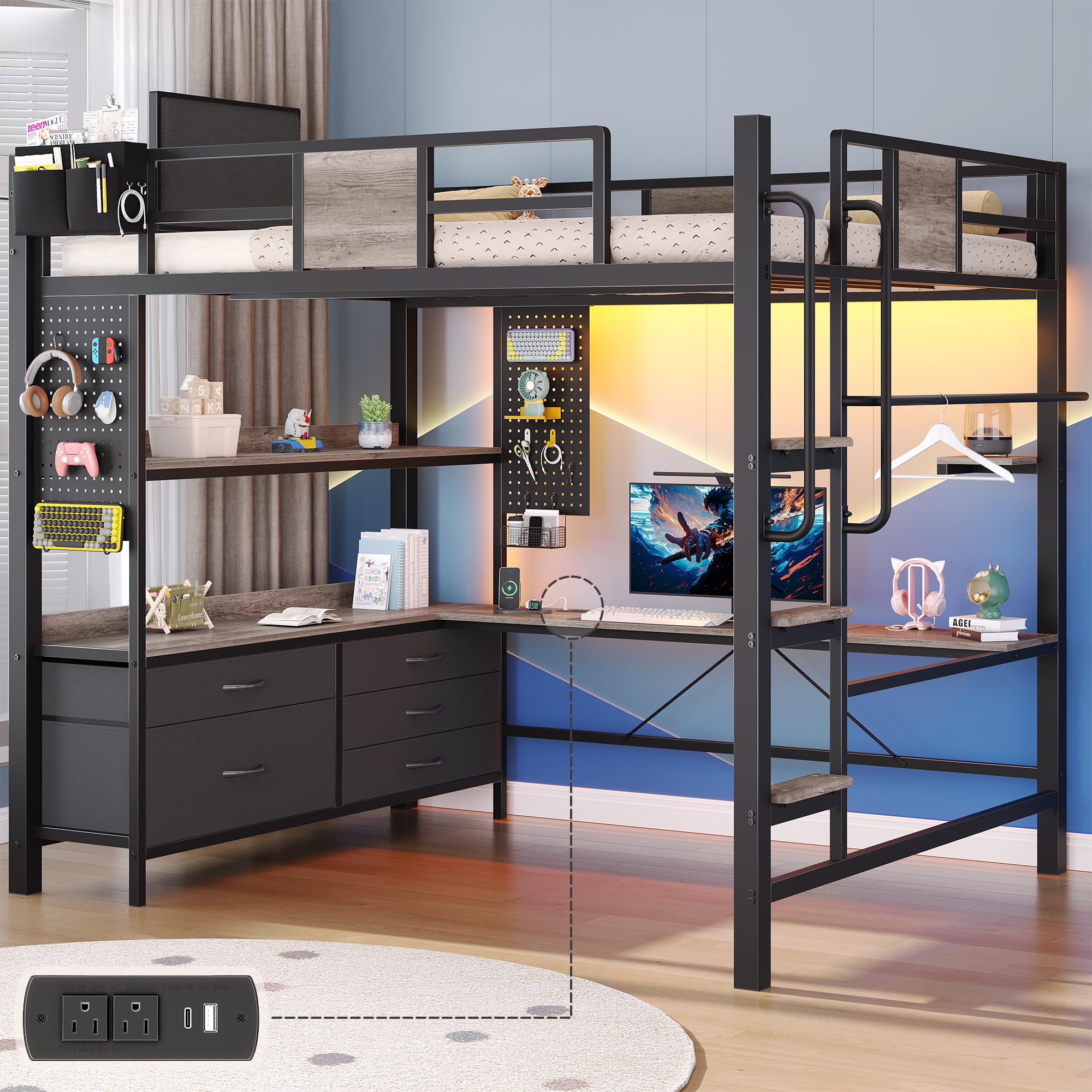 busyaeh Loft Bed Full Size with 5 Drawers & 3 Open Shelves and Charging Station，Full Size Loft Bed with Desk & LED Lights and Thickened Tread Stairs,