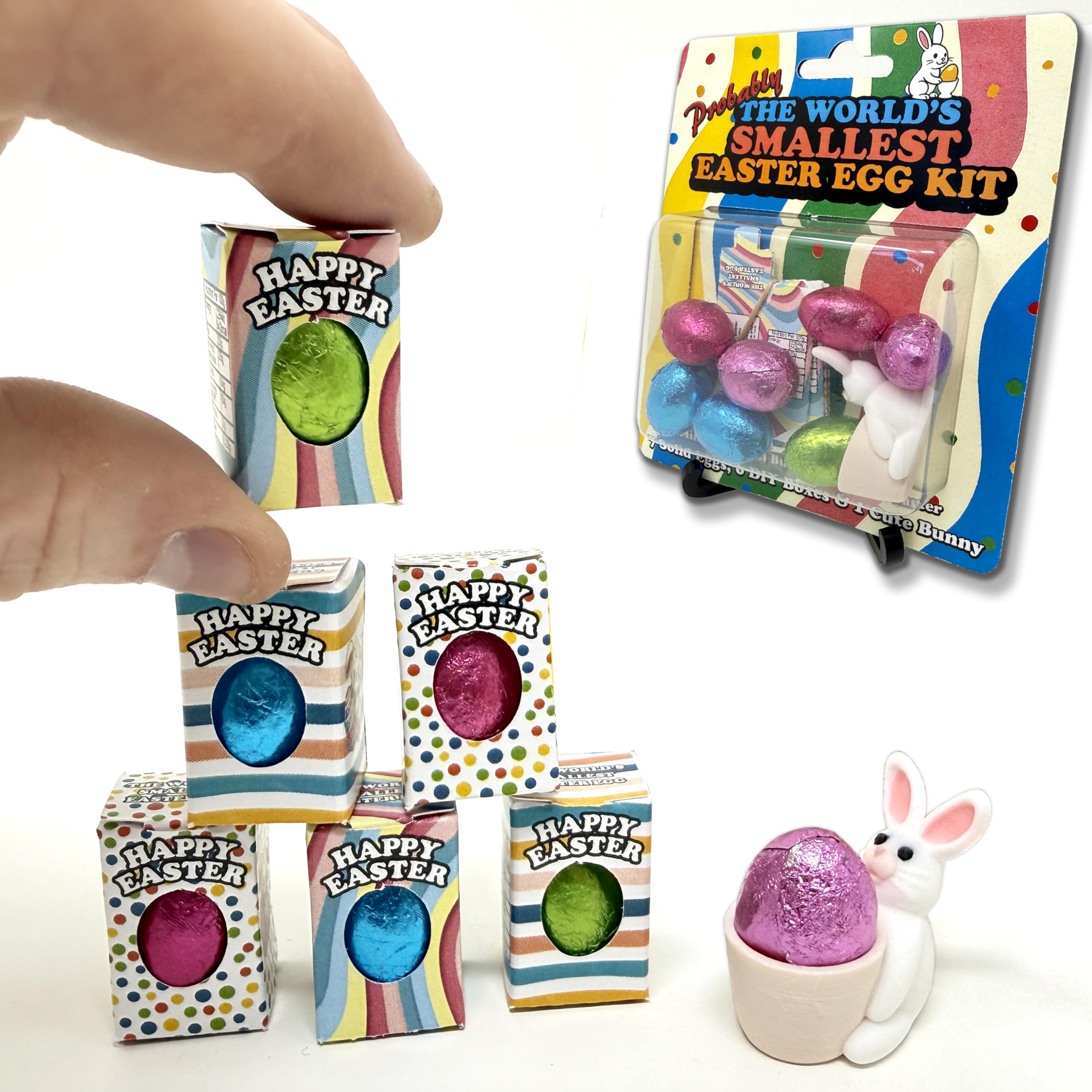 World's Smallest Easter Egg - Pack of 7 Tiny Miniature Solid Chocolate Easter Eggs with flat packed boxes to assemble at home and Easter Bunny - Fun Novelty Gift For Children, Friends, Relatives (7)