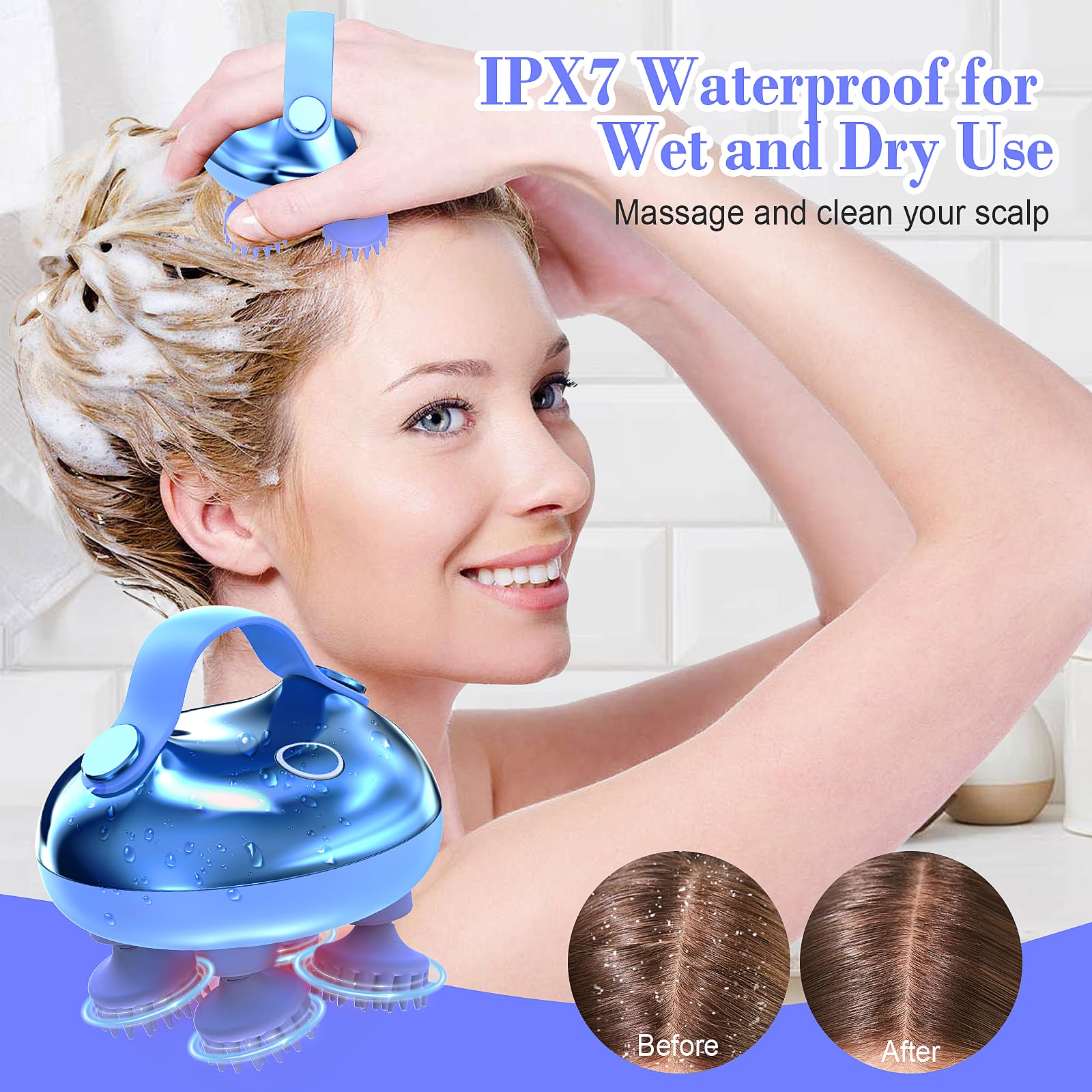 HuBeiChuangXiang Massaggiatore Cuoio Capelluto e Corpo Elettrico Massaggiatore Testa Ricaricabile Impermeabile IPX7 con 8 Silicone Massaggi e 3 modalità per la Crescita dei Capelli, Regalo