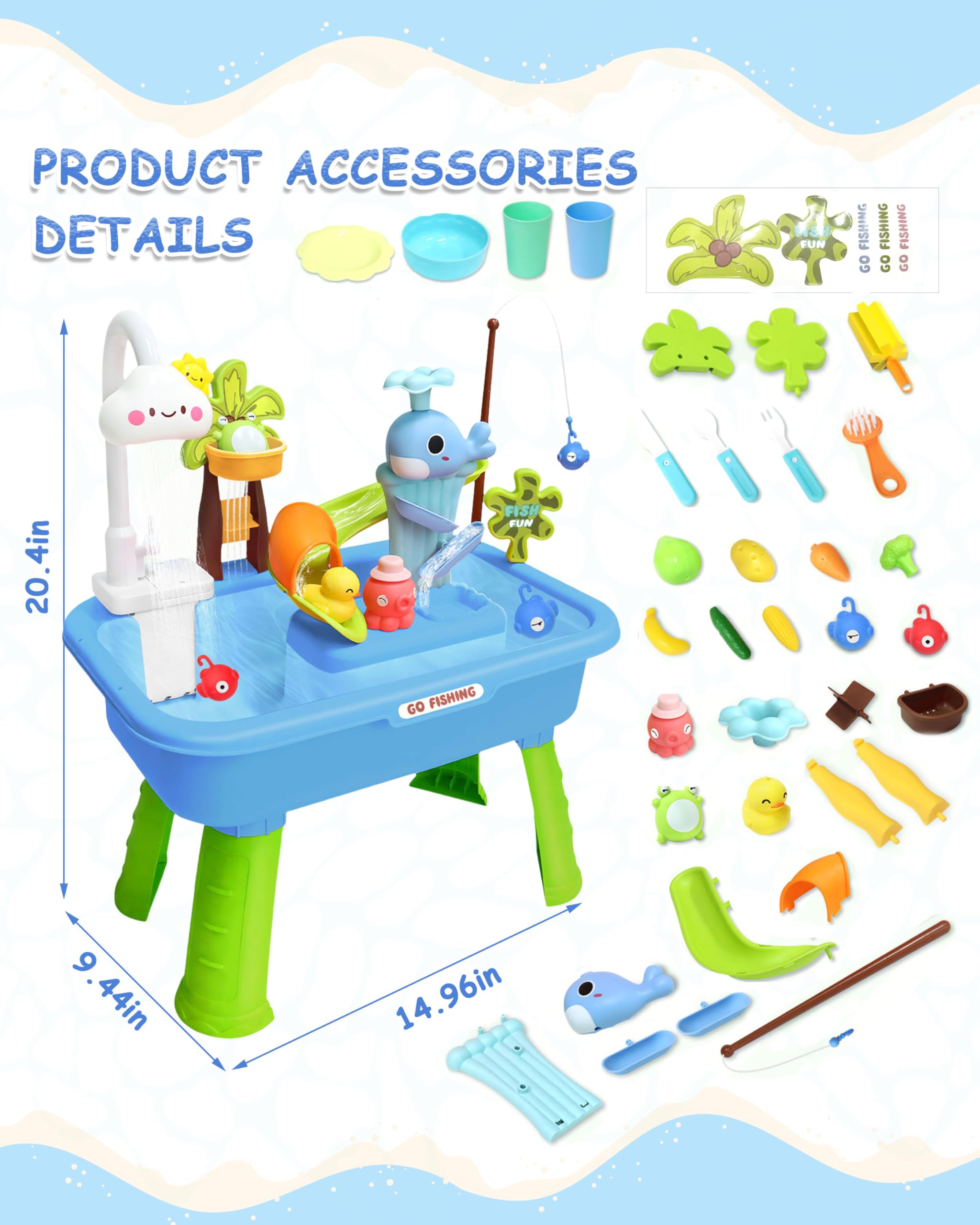 4-in-1 Electric Water Table for Toddlers 3-5, Kids Play Sink with Running Water & Cloud Faucet, Toddler Outdoor Water Table with Fishing Game & Accessories, Sensory Birthday Gift for Boys Girls ﻿ — view 3