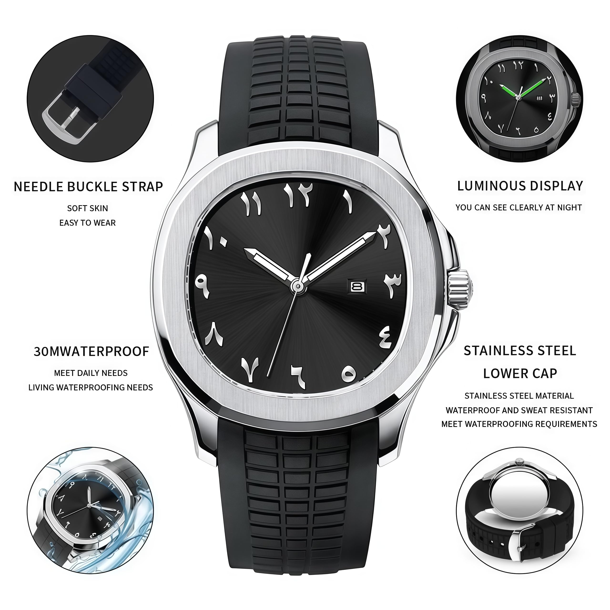 Gosasa Reloj de pulsera para hombre con números arábigos con manecillas luminosas, resistente al agua hasta 30 m, visualización de la fecha, correa de silicona suave, caja de 4,2 cm