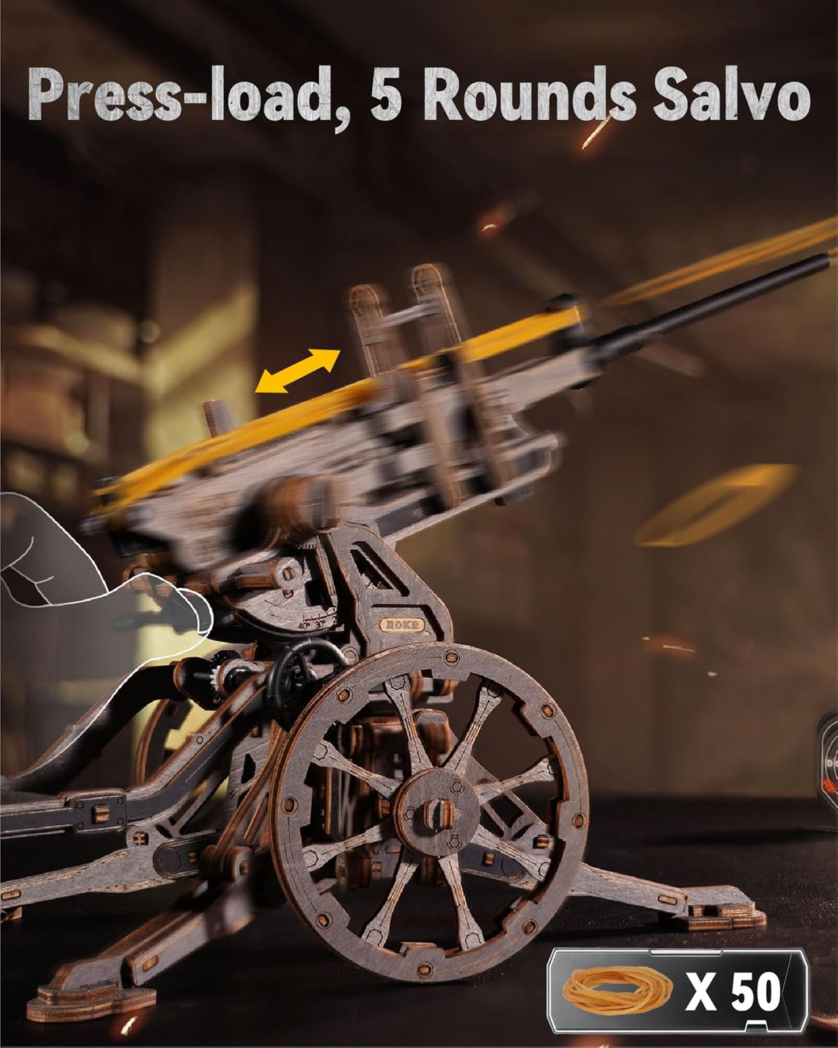 ROKR Anti-Aircraft Gun Mechanical Model Gun Kit, 3D Wooden Puzzles for Adults, DIY Rubber Band Guns Toy, DIY Building Model Kits