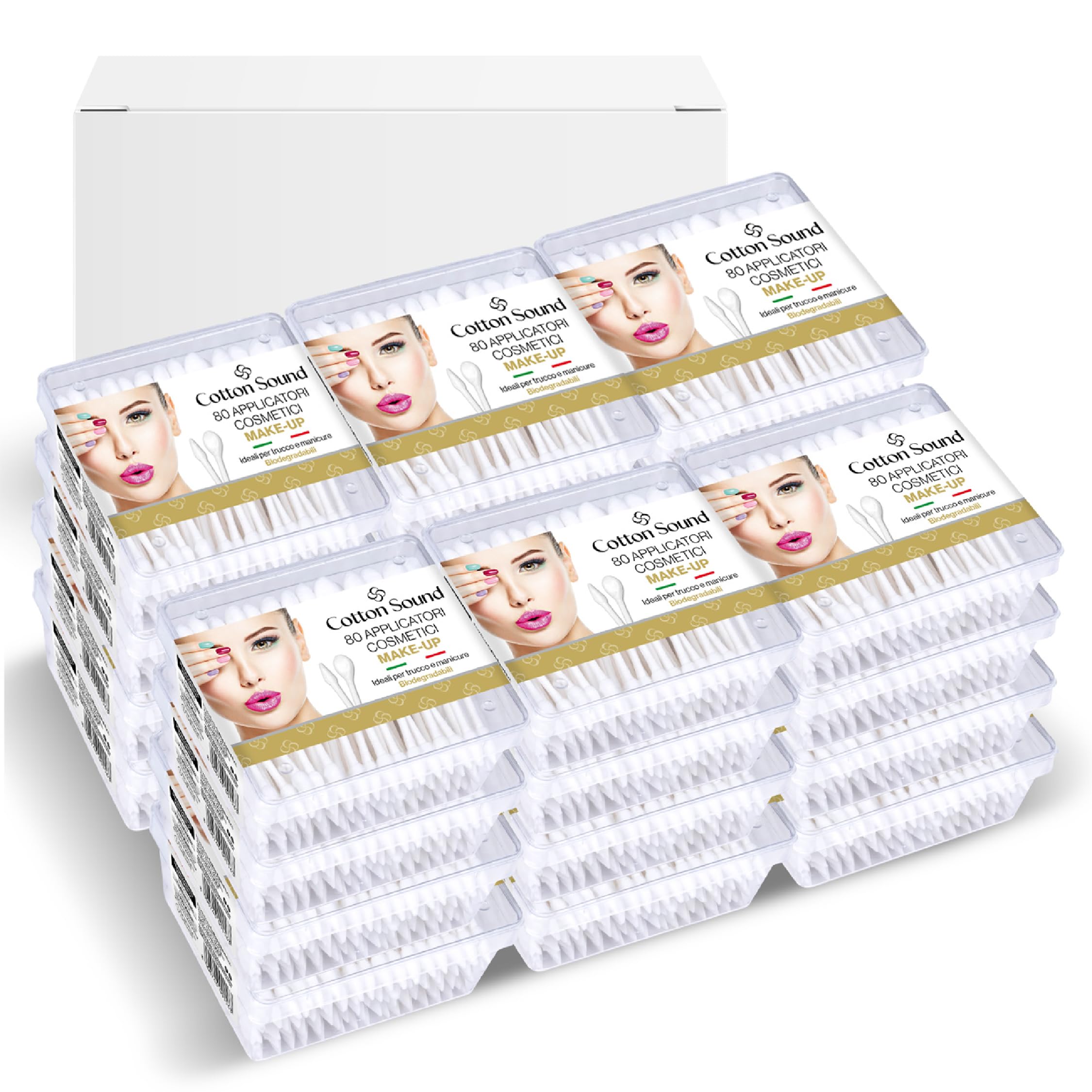 COTTON SOUND GOLD MAKE UP Applicatori Cosmetici Cotonati 24 confezioni x 80 Pezzi, Scatola in Carta Biodegradabile, 100% Puro Cotone Idrofilo, Ideali Trucco e Manicure, Made in Italy