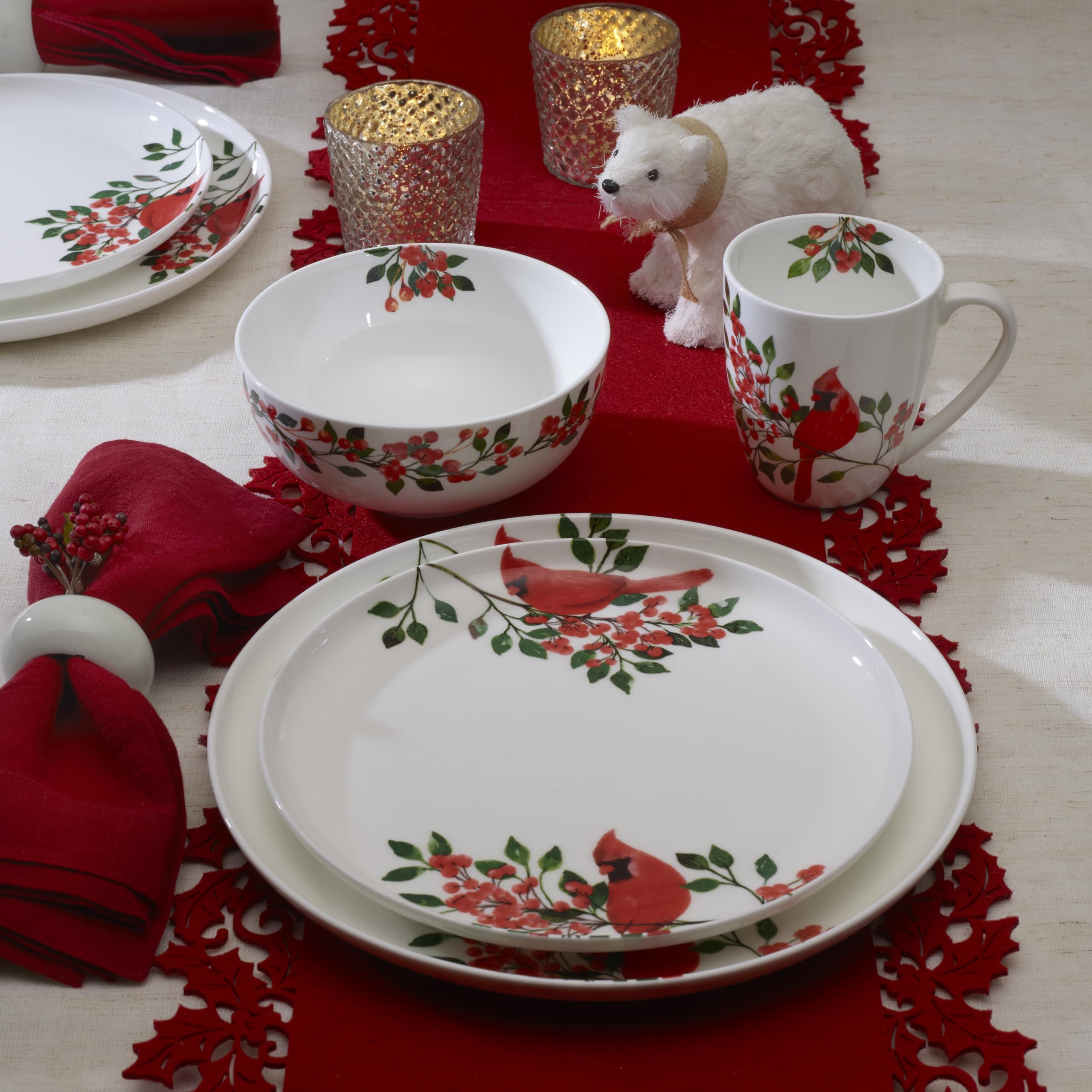 Mikasa Cardinal Leaves Holiday Bone China - Vajilla ligera resistente a las astillas, servicio para 4 personas