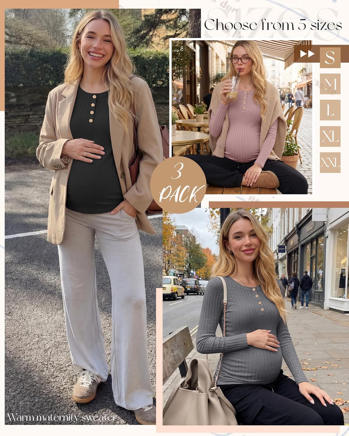 3 Pack Women's Maternity Shirts Henley Long Sleeve Thermal Pregnancy Sweater Ribbed Warm Crew Neck Tops Winter - Image 3