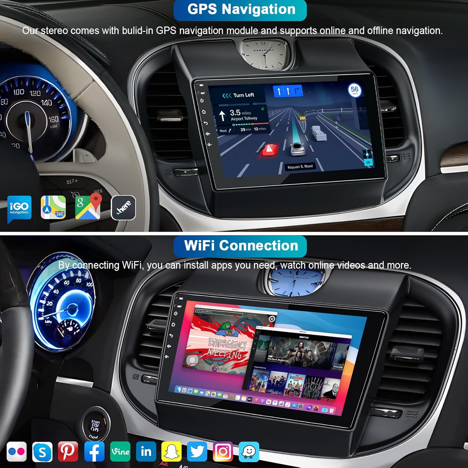 Car Radio for Chrysler 300 300C 2015-2022, 9” HD Touchscreen Car Stereo Android 13 System, Wireless CarPlay & Android Auto,GPS Navigation& Bluetooth FM Head Unit, Back-up Camera, 4GB RAM + 64GB ROM