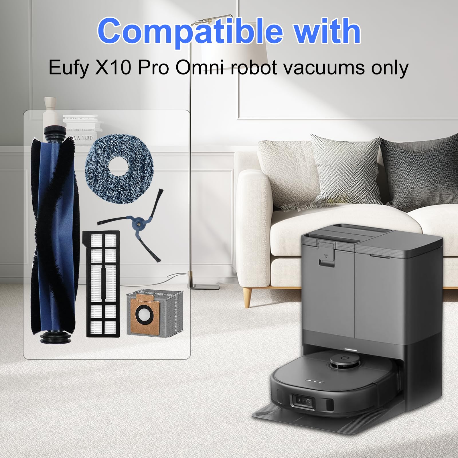 Ancolin 26 Pack Replacement Parts Kit for Eufy X10 Pro Omni Robot Vacuum Accessories, 2 Main Roller Brush 4 Hepa Filters 6 Dust Bags 6 Side Brushes 6 Mop Pads 1 Screwdriver 1 Clean Tool