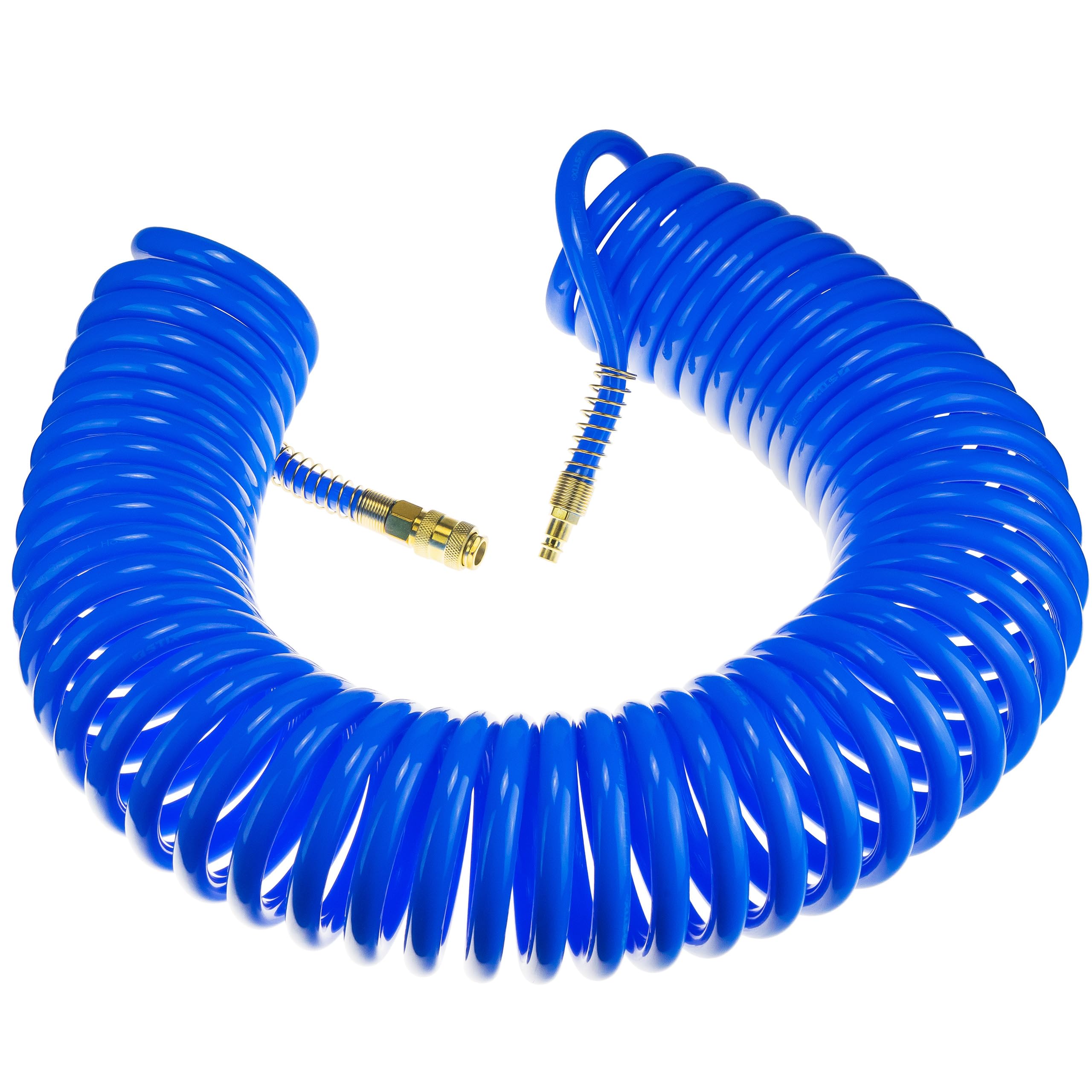 Druckluft Spiralschlauch SP-PU 15 m, Druckluftschlauch 10/14mm aus PU, max. Druck 10 Bar, mit Knickschutz und Schnellkupplung, geeignet für pneumatische Werkzeuge