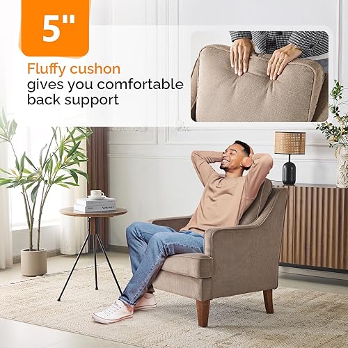 Miniatura 7 de VINGLI Silla decorativa moderna de mediados de siglo, sillón tapizado marrón claro, cómodo sofá, silla de lectura, respaldo alto para sala de estar,