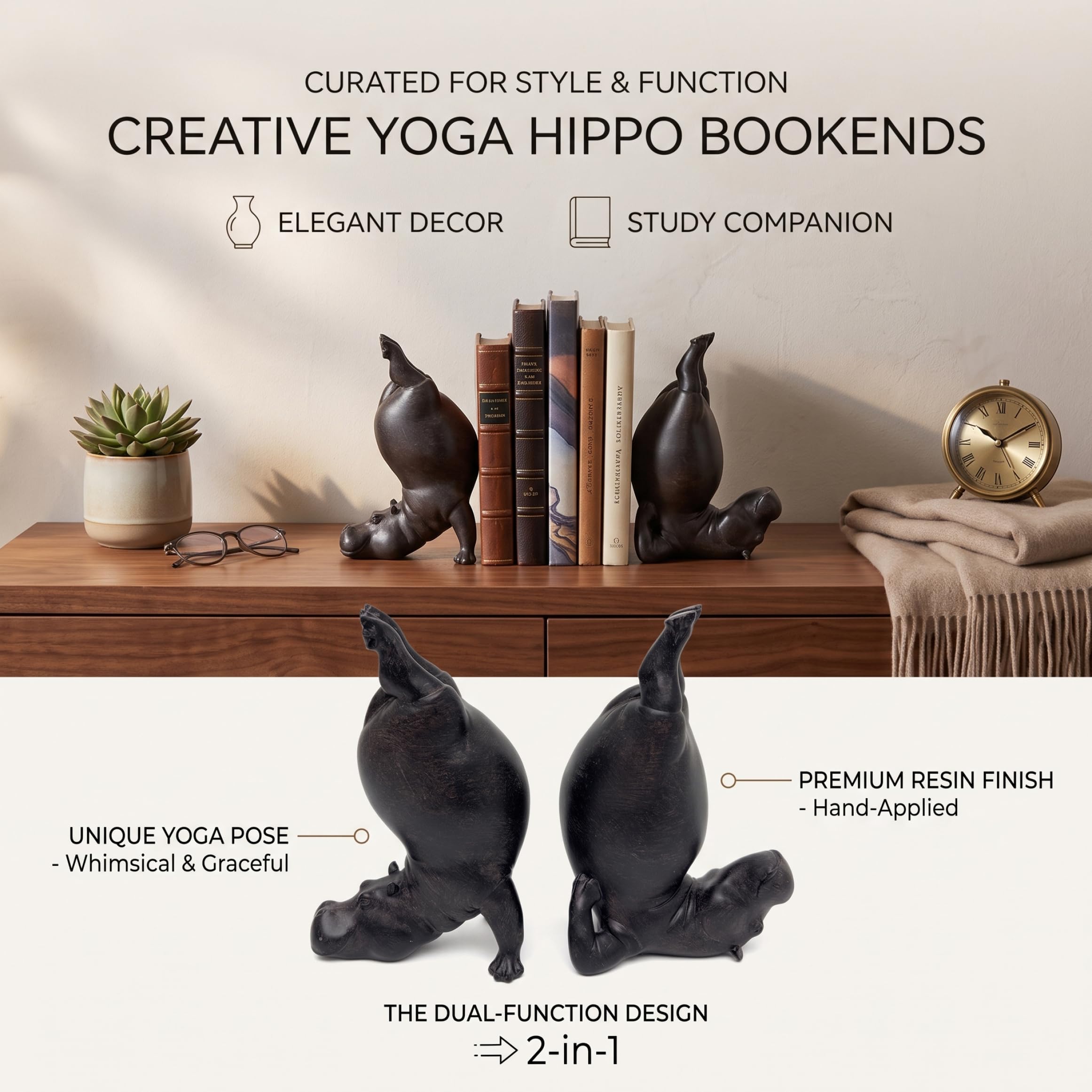Lot de 2 Serre-Livres de Yoga Hippopotame en résine Lourde décor Animalier Double Fonction