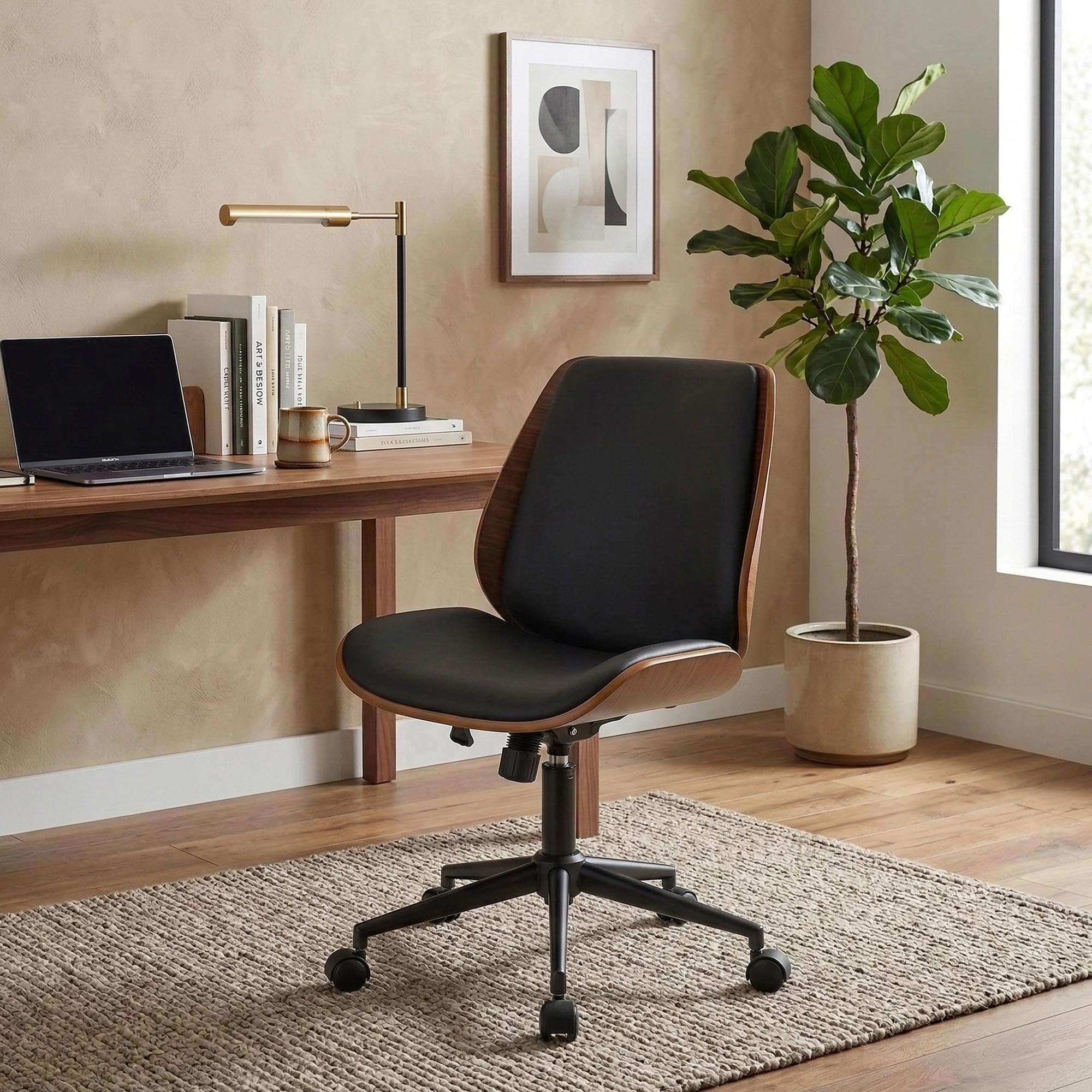 CLP Sedia Ufficio Kemberg in Similpelle Ergonomica I Seduta Comfort con Ruote Schienale E Braccioli I Altezza Regolabile E Sellino con Cuscino, Colore:Noce/Nero