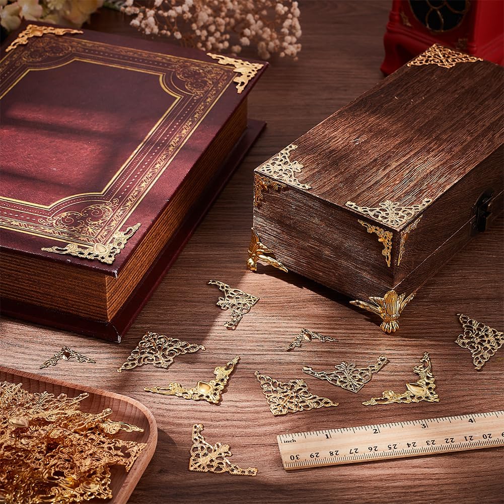 PH PandaHall 100PCS Golden Corner Protector, 4 Styles Hollow Triangle Wrap Connector Metal Book Corners Filigree Embellishments for Jewelry Making DIY Hairpin Earring Book Album Resin Fillers - Image 4