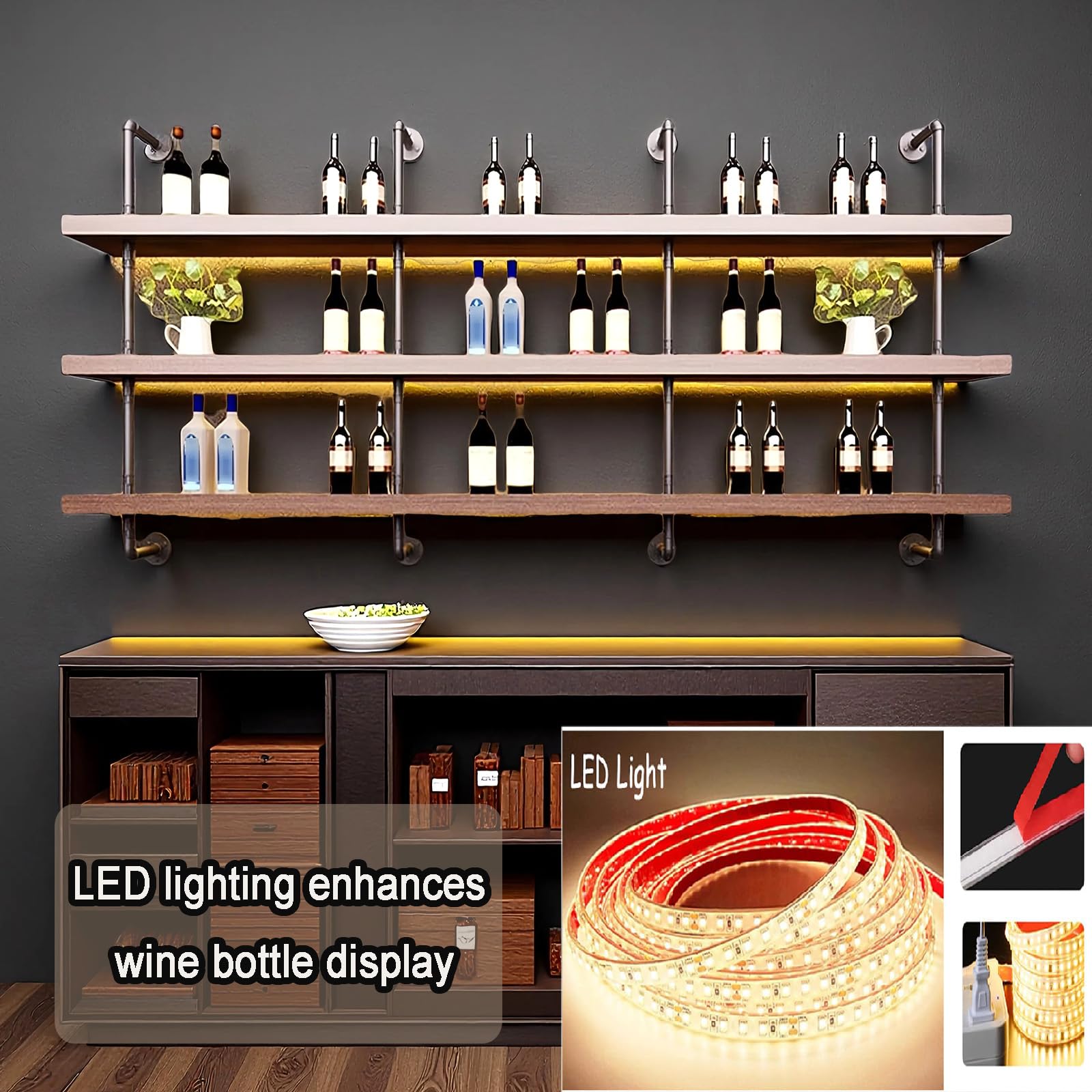100CM Grande Portabottiglie Da Parete con illuminazione a LED,3 Livelli Supporto Vetro in legno massello in stile industriale vetrinetta da parete Pensile bar, ristoranti e case