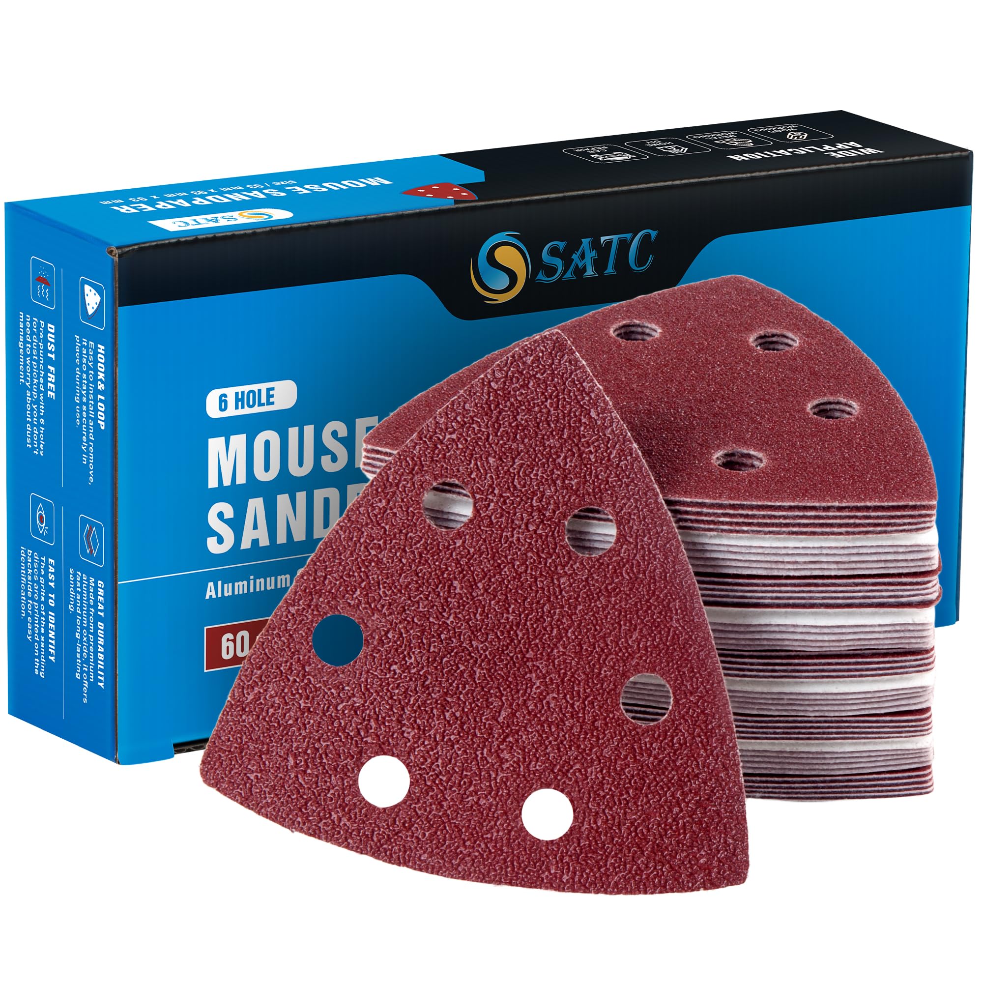 SATC Delta-Triangle Sanding Sheets 93mm 60 PCS Detail Sander Pads Durable Dust-Free 6-Holes Sander Sandpaper Hook and Loop Triangle Sanding Pads 60/120/180/240/320/400 Grits 93 x 93 x 93mm