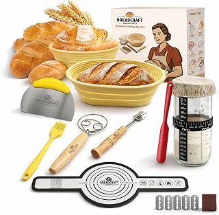 Sourdough Starter Kit, 7-Piece Silicone Banneton Set | 9-in round and 10-in oval silicone banneton bread proofing baskets with lame, Danish whisk, bench scraper and silicone mat.