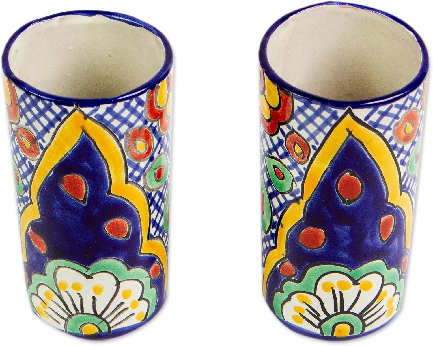 NOVICA Artisan Handmade Ceramic Tumblers Talaverastyle Pair Multicolor Mexico Tableware Drinkware Glasses Water Painted Hacienda [ 5.5in H x 2.8in Diam. 13 Oz.] ' Hidalgo Fiesta' Pair