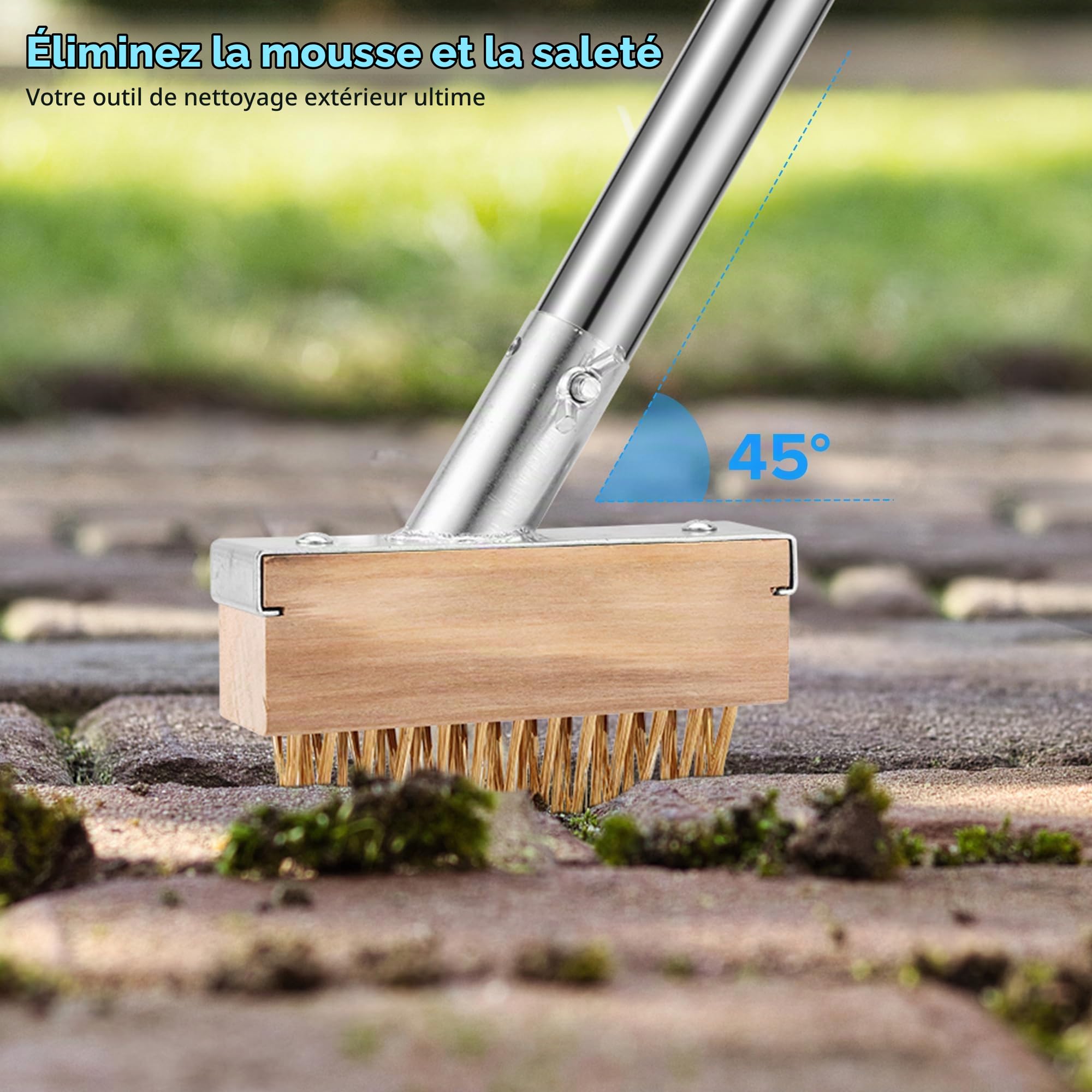COZCLAM Ensemble de Brosse Metallique Robuste avec Manche Télescopique de 160cm, Brosse pour Sol de 35cm et 2 Brosses pour Joints, Balai Brosse Sol Métallique pour Extérieur Patio, Terrasse et Jardin