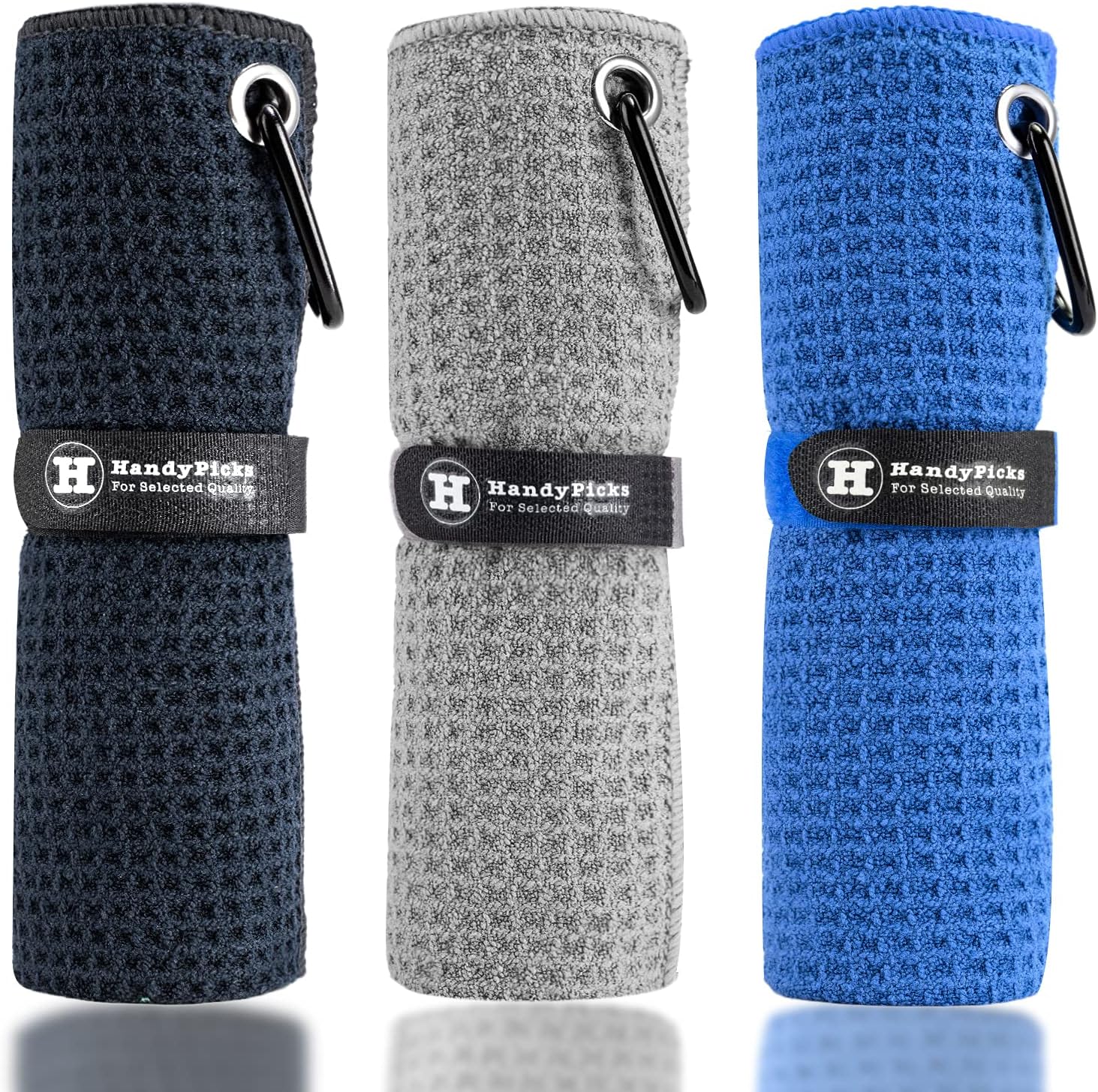 Handy Picks Microfiber Golf Towel (16" X 16") with Carabiner Clip, Waffle Pattern Golf Towel Hook and Loop Fastener - The Convenient Golf Cleaning Towel Black/Grey/Blue