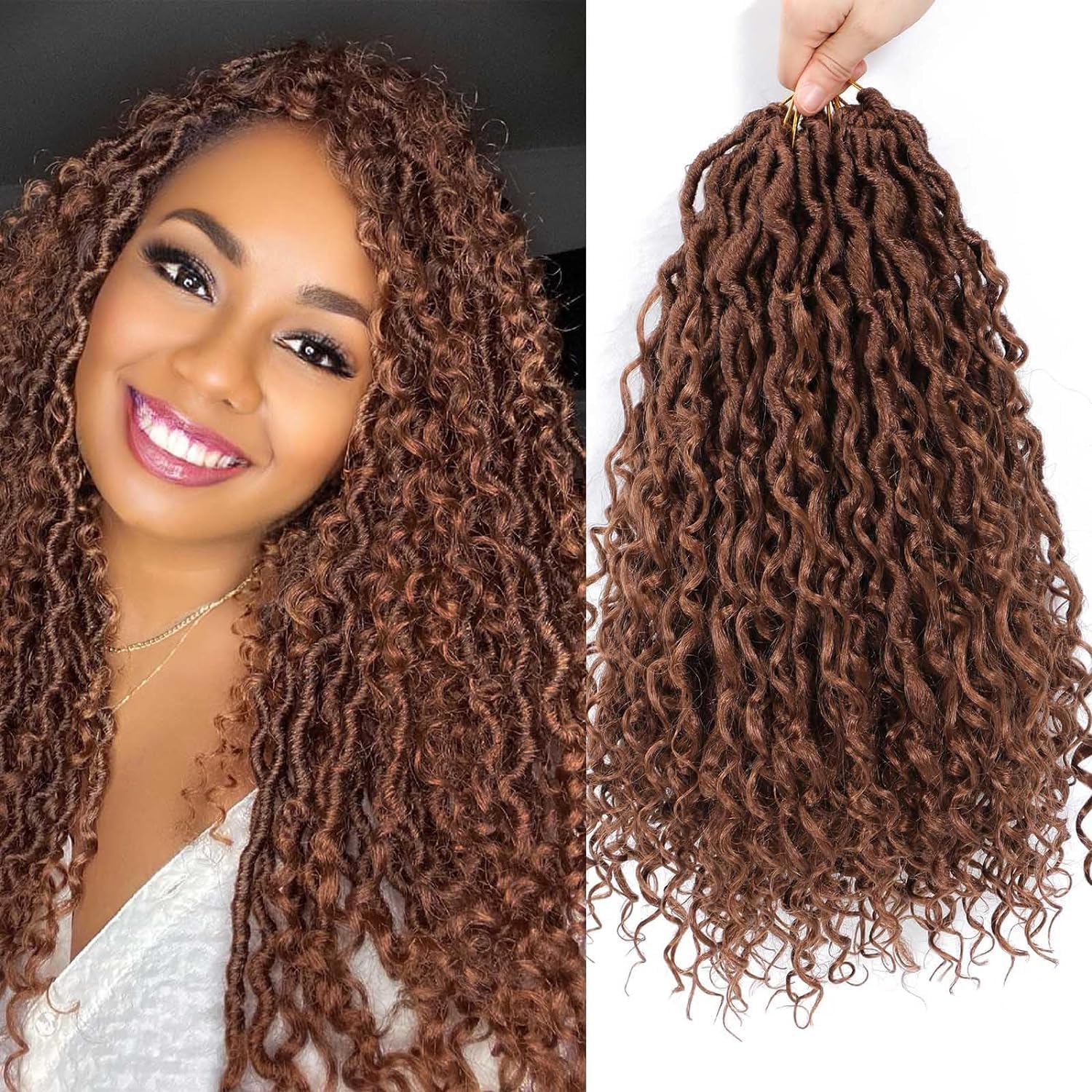 PORSMEER 18 Inch Goddess Locs Crochet Hair 6 Packs for Women Pre-looped River Curly Faux Locs Crochet Hair with Curly Ends Boho Locs Synthetic Hair Extensions (Auburn Brown)