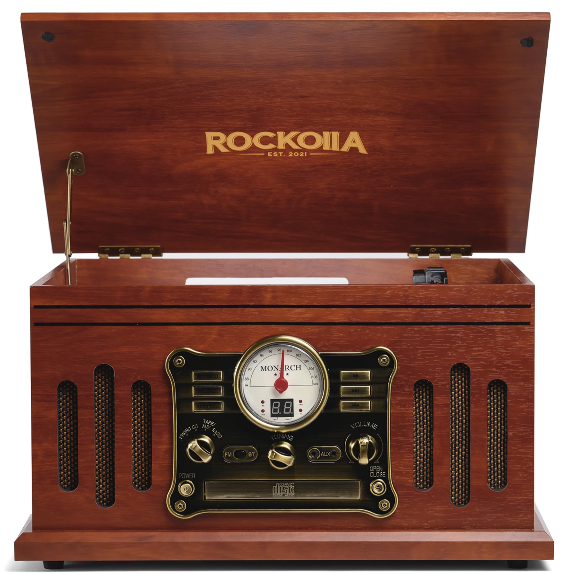 Tocadiscos Retro Bluetooth de Vinilo, Altavoces Estéreo【33/45/78 RPM】 Giradiscos Vintage | Radio FM, Cassette, CD, MP3, USB, SD, Grabadora | Salida RCA/Aux In (Monarch)