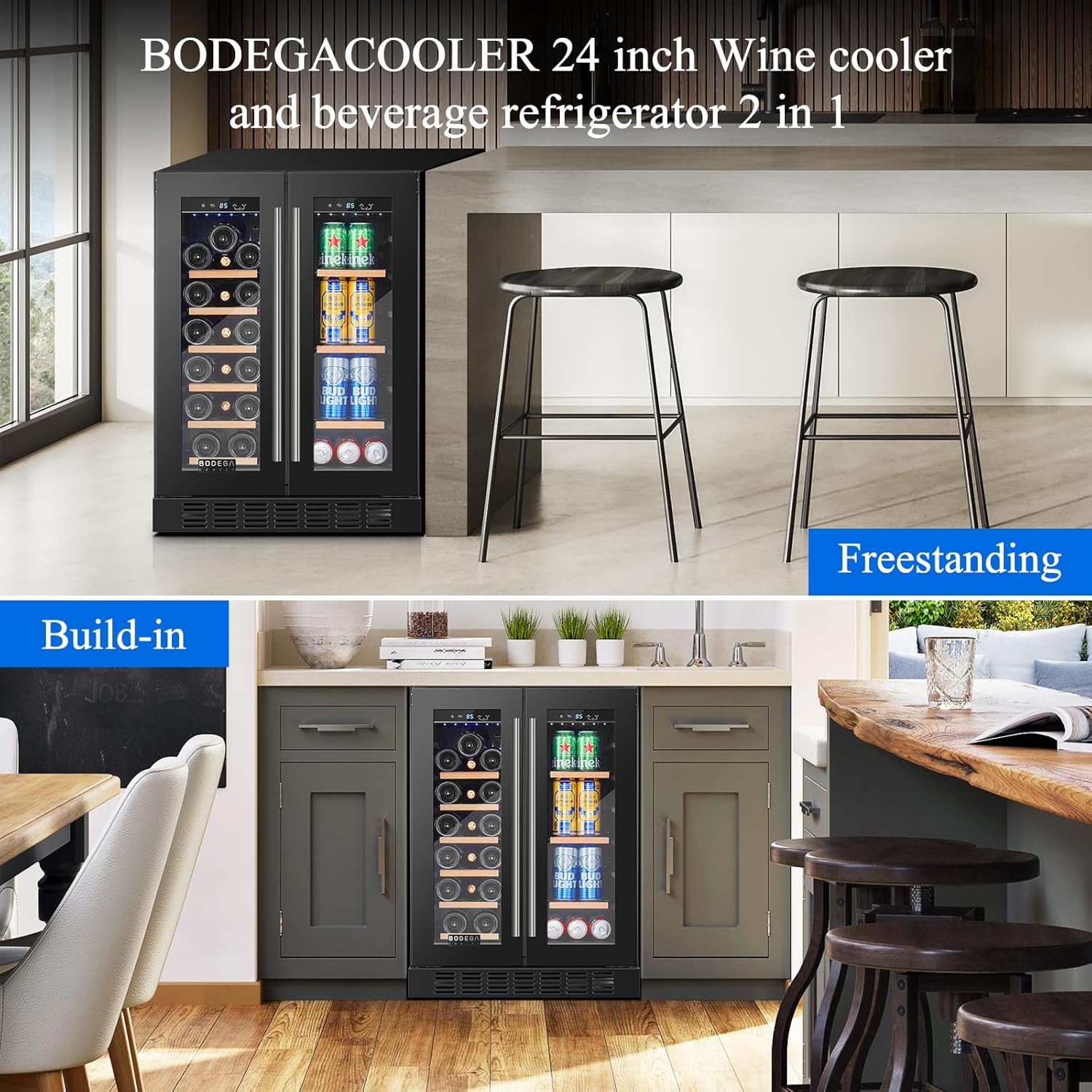 BODEGACOOLER 24 Inch Wine and Beverage Cooler, Dual Zone Wine Refrigerator 2 In 1,Freestanding Wine Beverage Fridge,Under Counter For Wine Cooling With Compressor, Hold 20 Bottles and 57 Cans(Black)