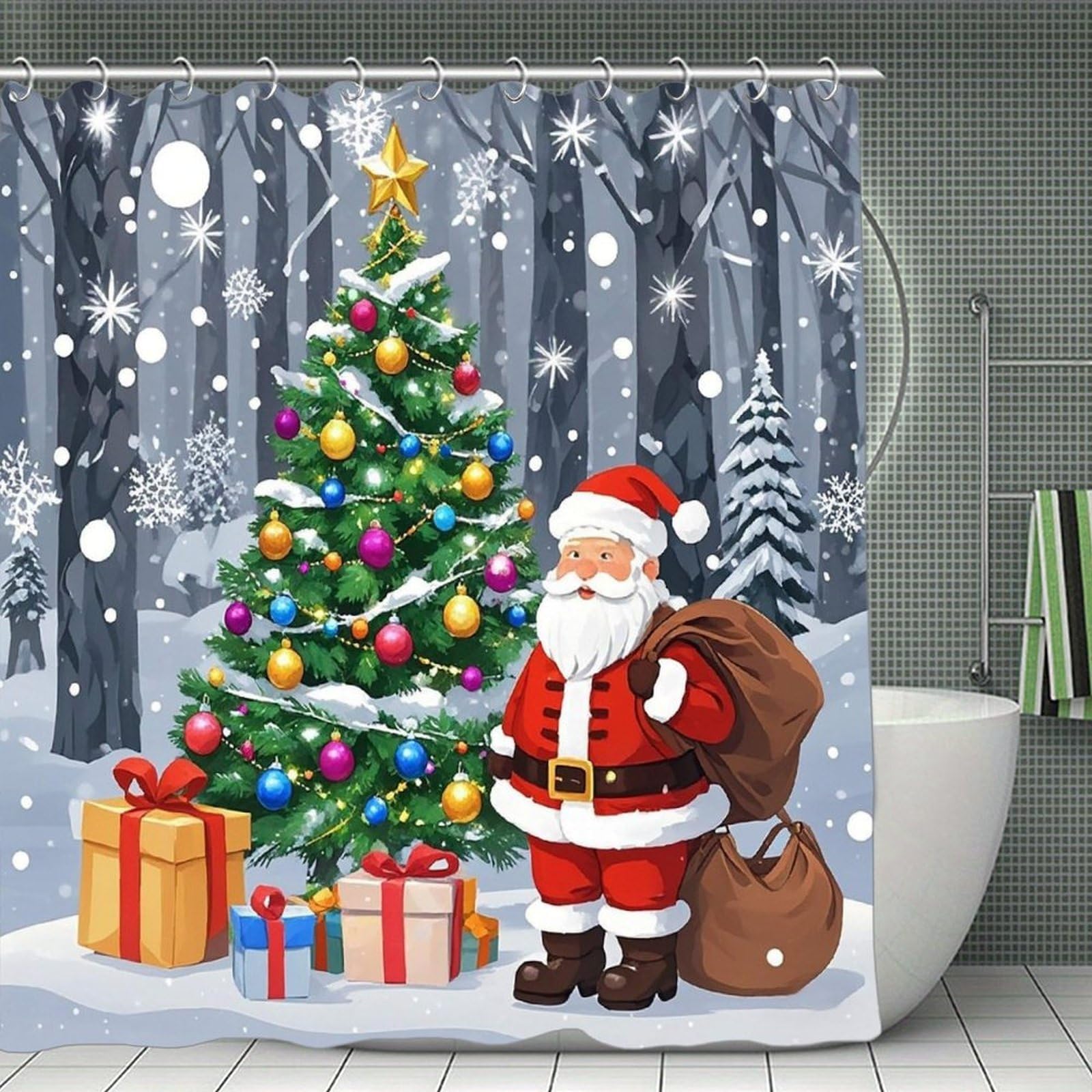 FekiLoot Christmas Santa Claus Shower Curtain Minimalist Thick Bathroom Curtain Washable Modern Bathroom Shower Curtain Heavy Duty Waterproof Cloth Bath Curtain with Hooks 70.8"x70.8"