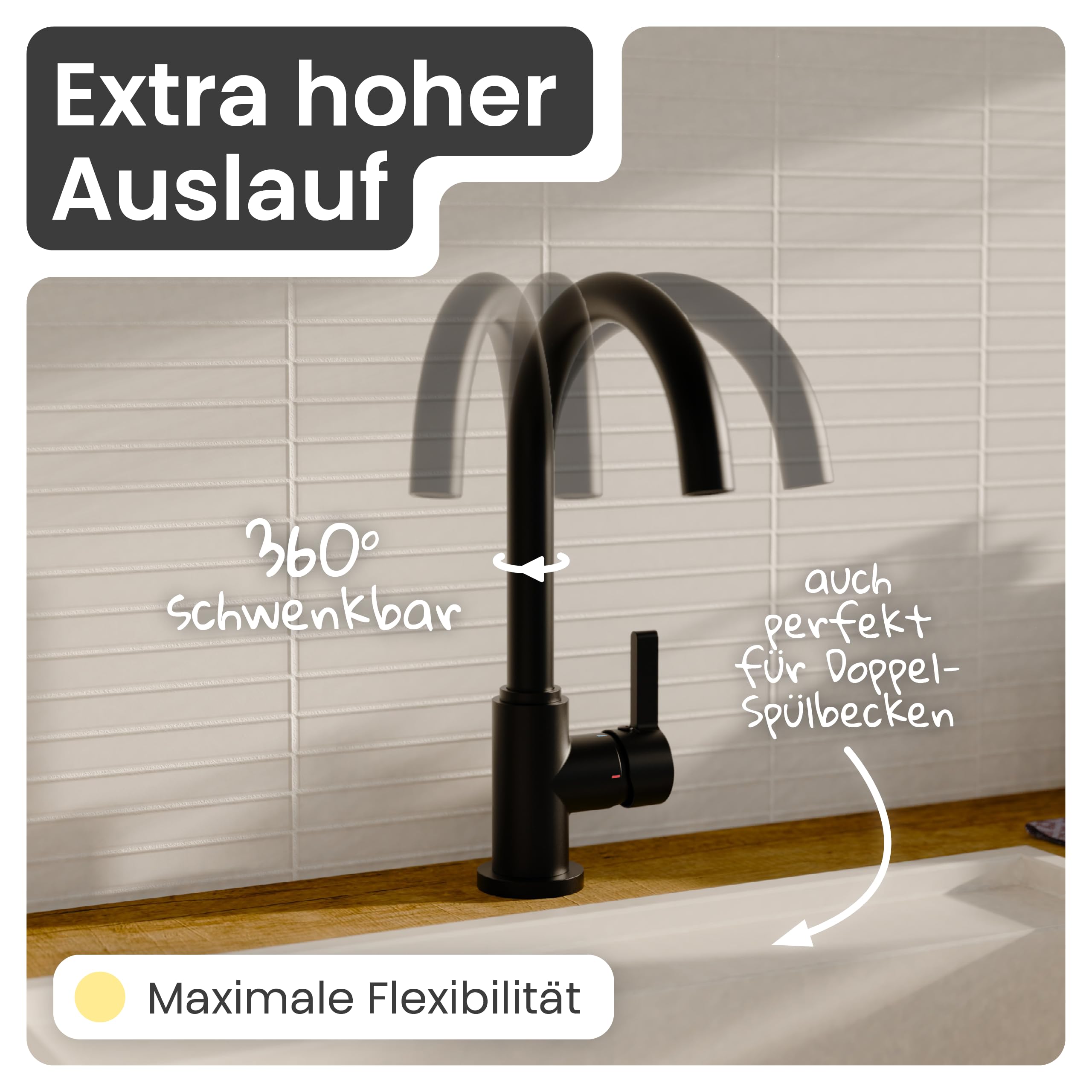 instmaier Leona | Küchenarmatur 360° schwenkbar | Schwarz matt |Wasserhahn Küche | Spültischarmatur mit hohem Auslauf | Armatur Spüle | Einhebelmischer | Mischbatterie