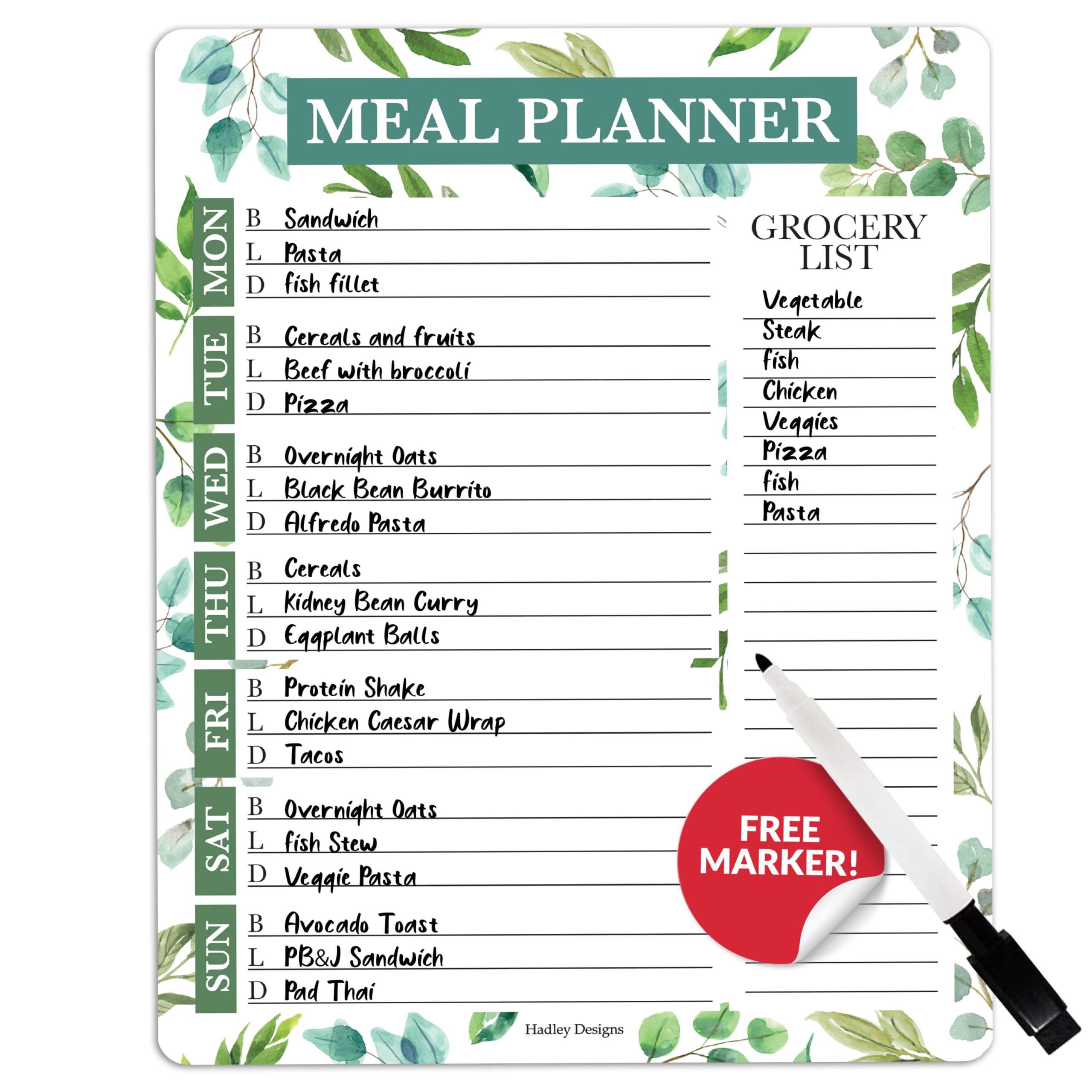 Hadley Designs Greenery Weekly Dinner Menu Board For Kitchen-Magnetic Meal Planner For Refrigerator, Weekly Dry Erase Menu Board Meal Planner for