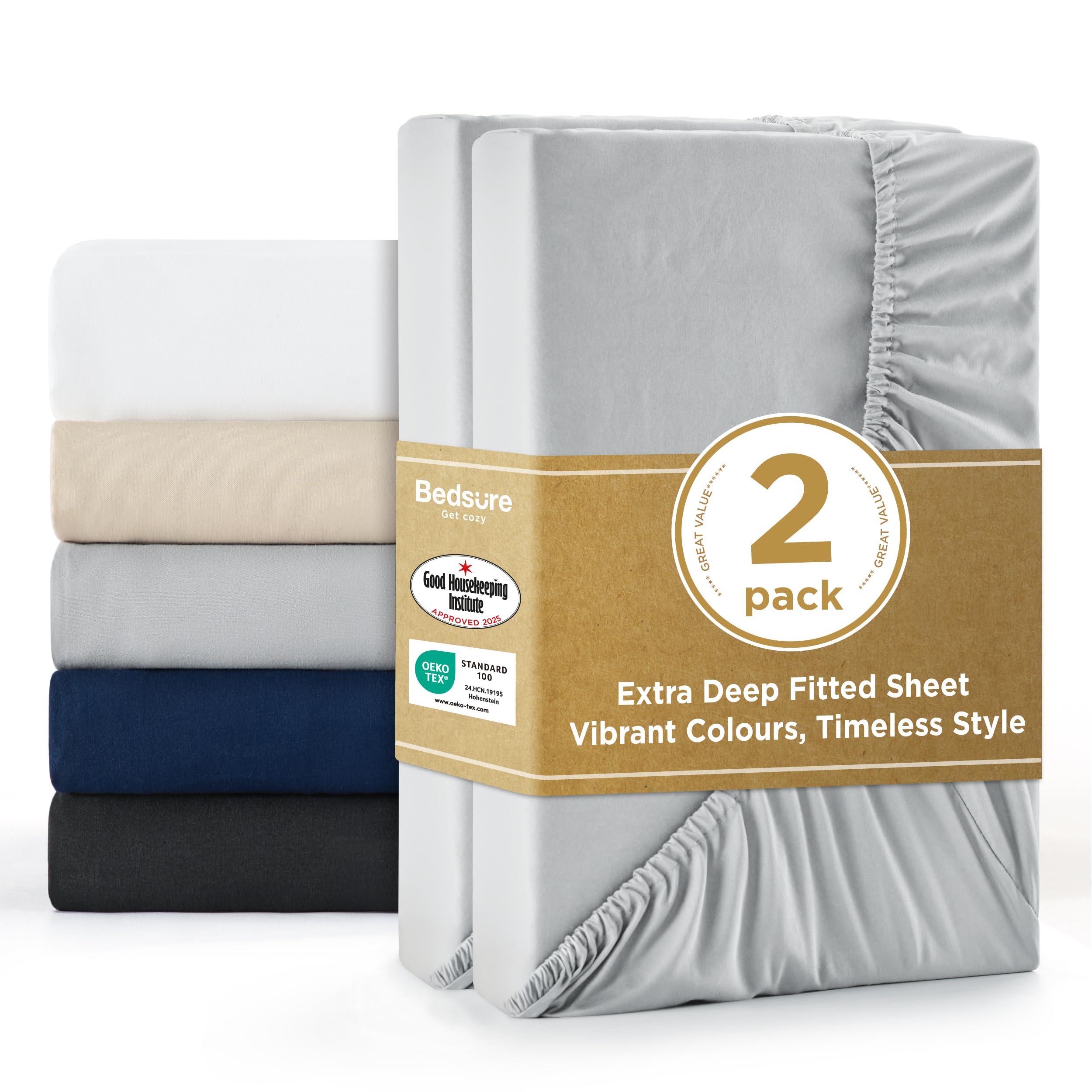 Bedsure Small Double Fitted Sheet - 2 Pack Bed Sheets Extra Deep Pocket 16 inch (40 cm) made of Soft Brushed Microfiber for Small Double Bed, 120x190cm, Grey โ image 1