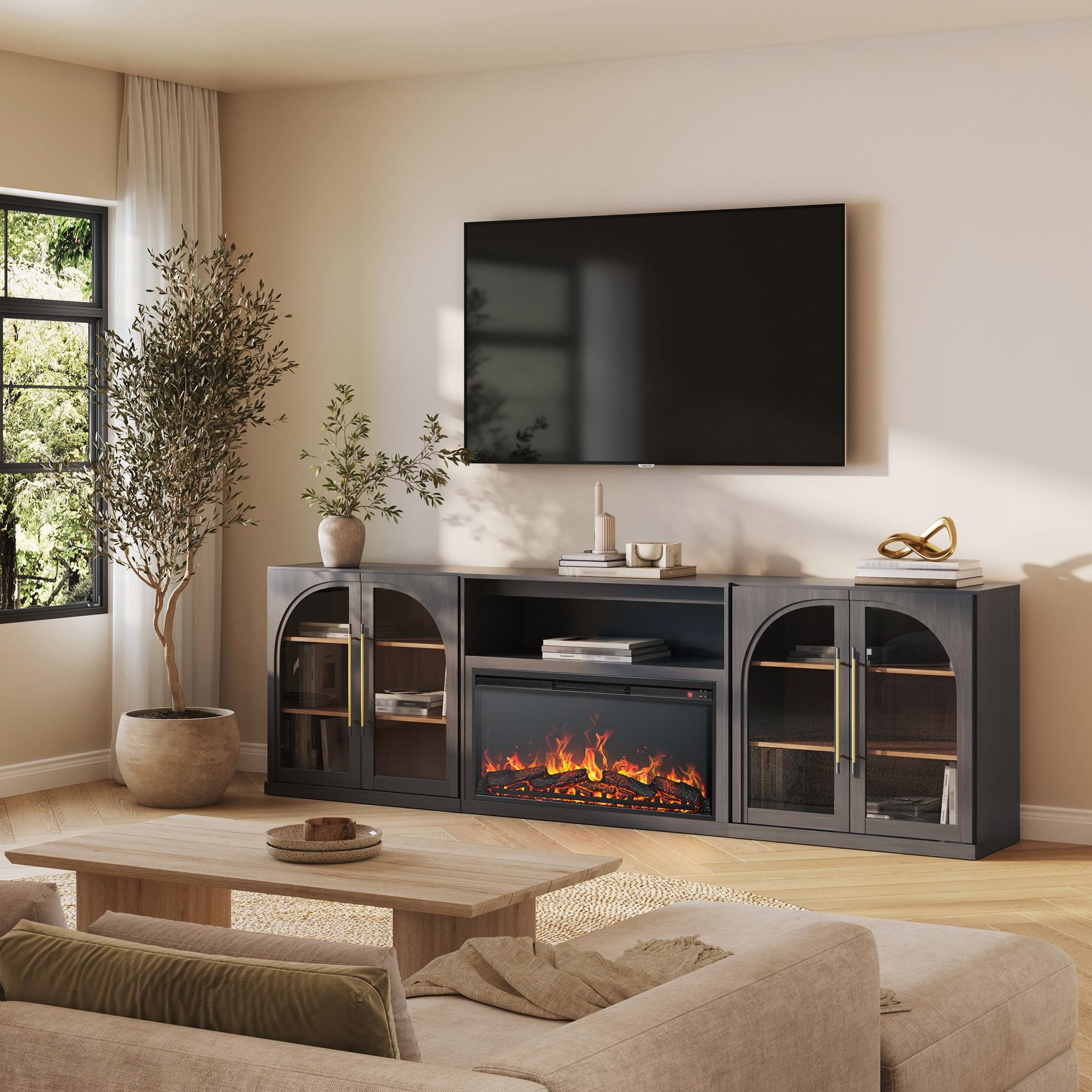 BELLEZE Jagger 105" TV Stand with 36" Electric Fireplace - Ebony