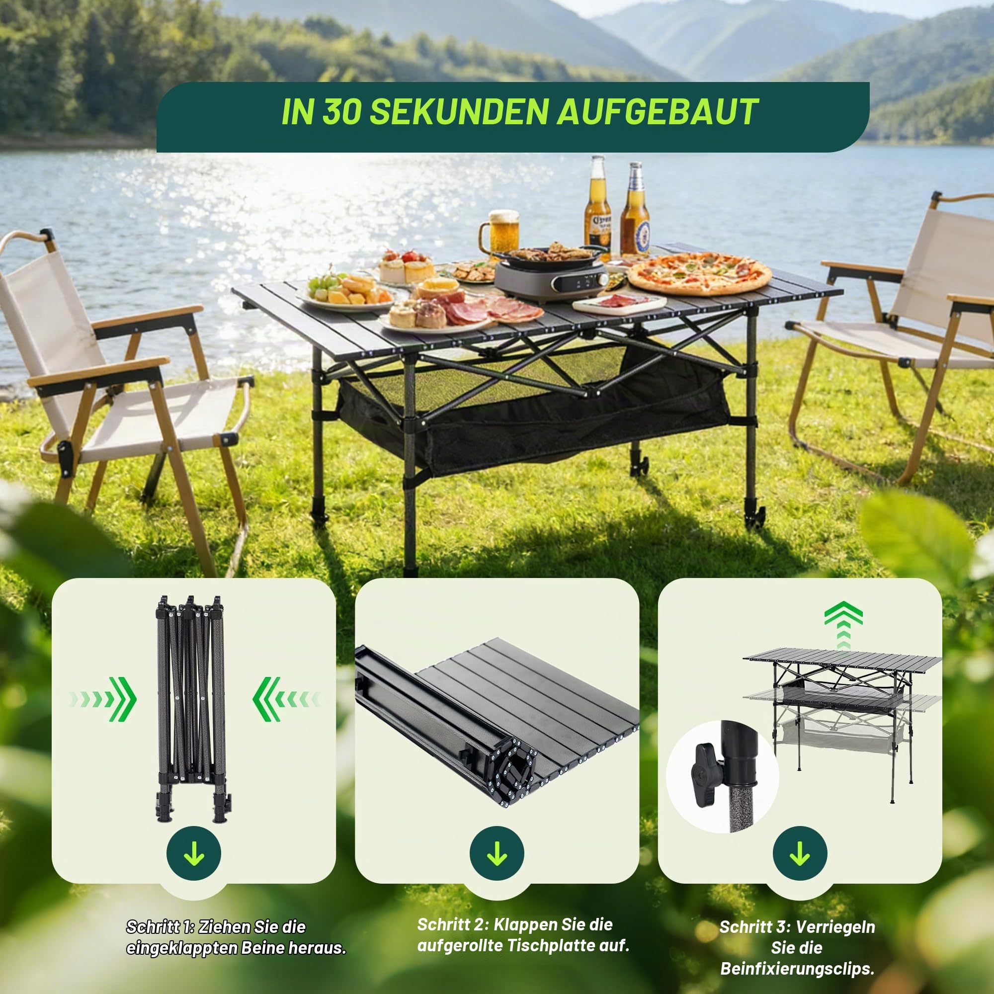 Großer Klapptisch Camping Höhenverstellbar, 120 x 55 cm Tragbarer Outdoor Picknicktisch mit Aufbewahrungsnetz & Tragetasche, Stabiler Rolltisch aus Carbonstahl für Camping, Grillen, Angeln