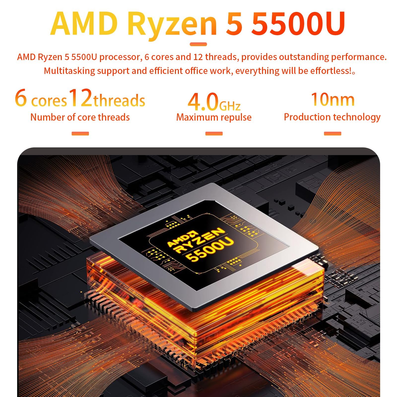 AskHand Mini PC AMD Ryzen 5 5500U (6C/12T up to 4.0GHz) 16GB DDR4 RAM 512GB PCIE NVME SSD/WiFi 6/ BT-5.2 /USB*4 /USB-C /2*HDMI, 4K@60 Hz Triple Display