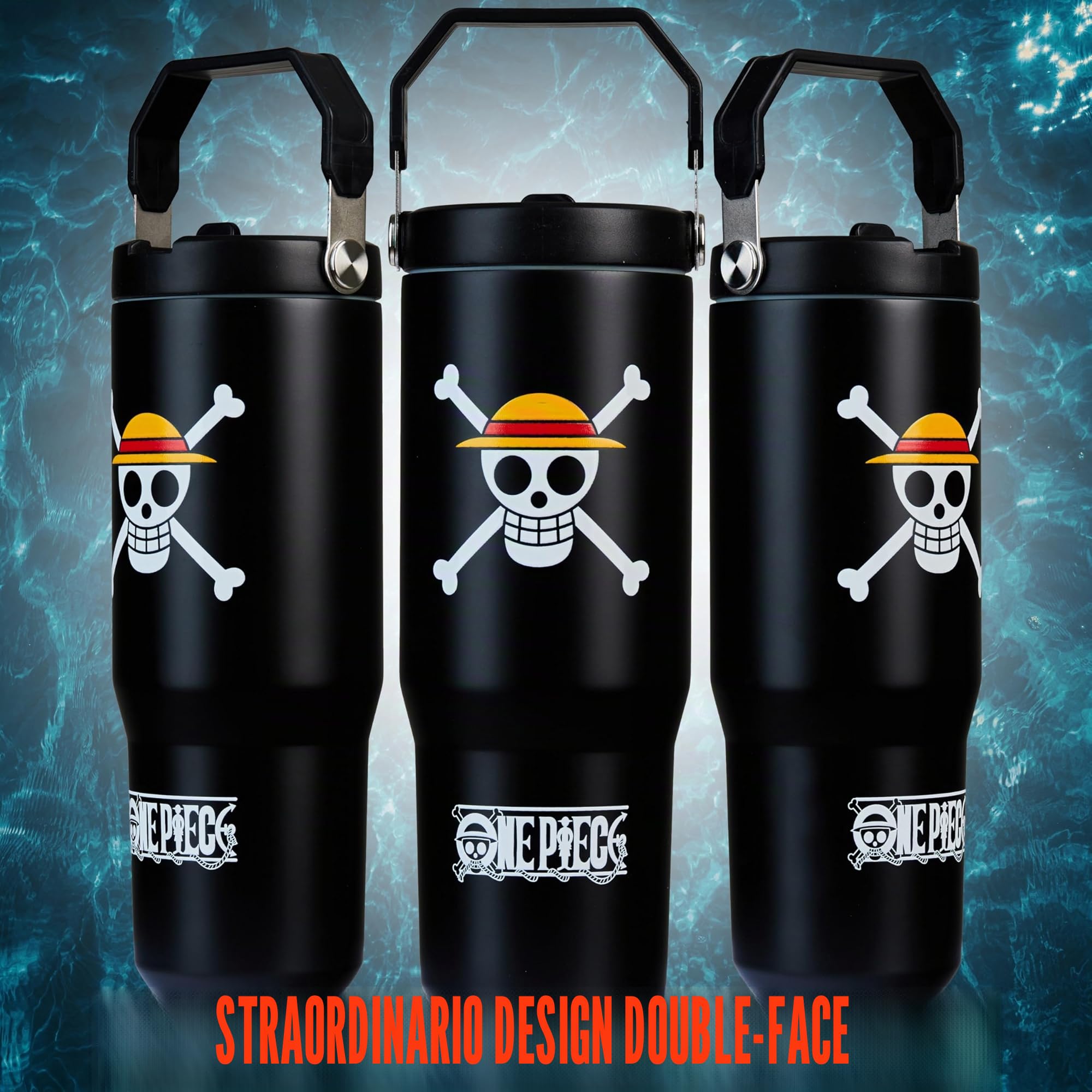 Get Trend One Piece Bicchiere Termico con Cannuccia e Maniglia, Metallo Tazza da Viaggio 850ml, Isolamento Termico Sottovuoto a Doppia Parete (Nero One Piece)