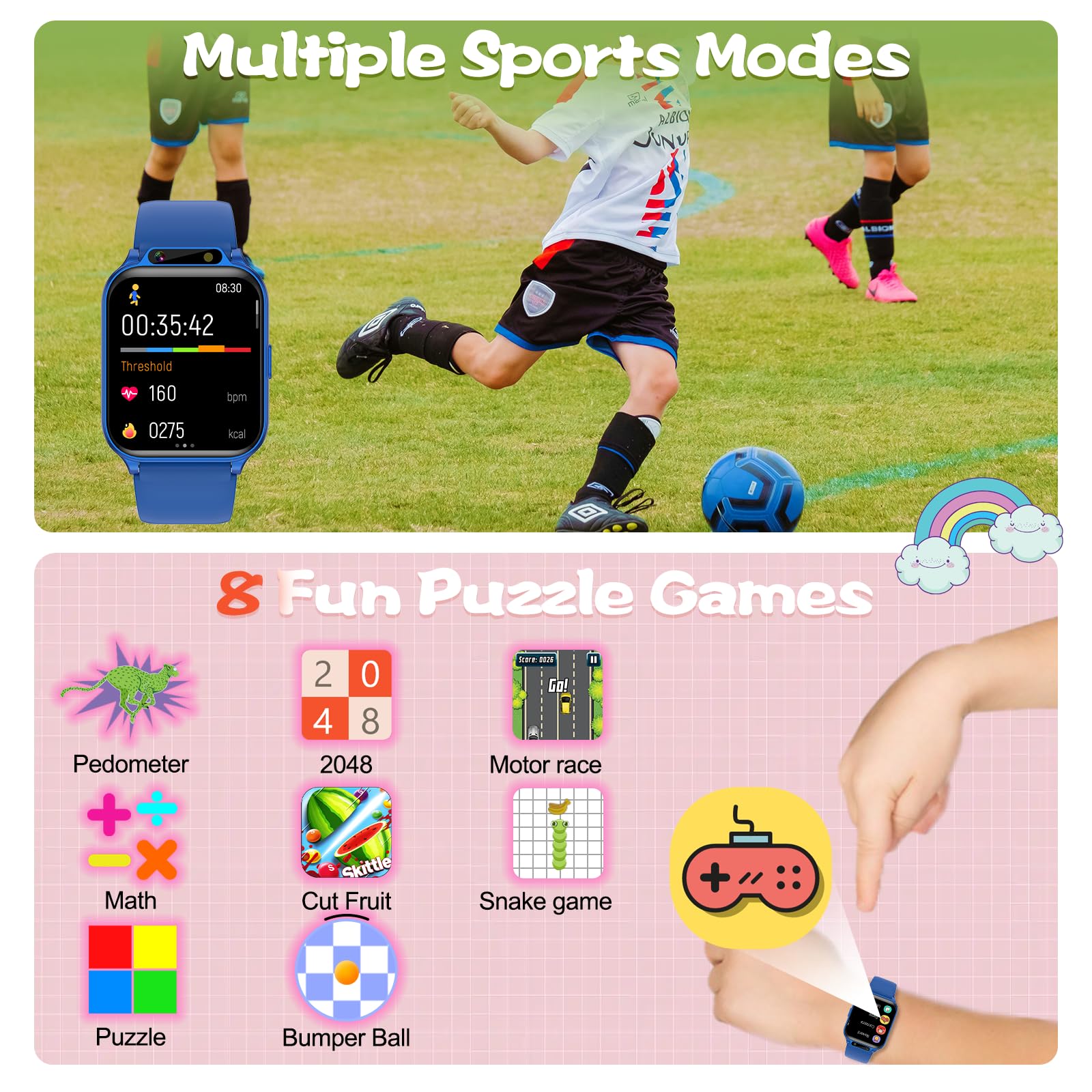 Orologio per bambini da 4,7 cm, AI(traduzione/domande e risposte/riconoscimento immagini) smartwatch con frequenza cardiaca, monitoraggio del sonno, contapassi video musicale, senza app/telefono